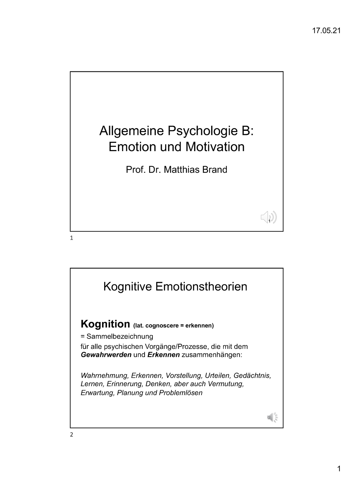 Allgemeine Psychologie B Vorlesung 6 Mitschriften Brand - 1 Allgemeine ...