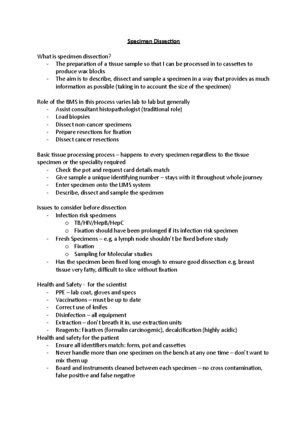 Lec 3 Specimen Dissection Specimen Dissection What is specimen