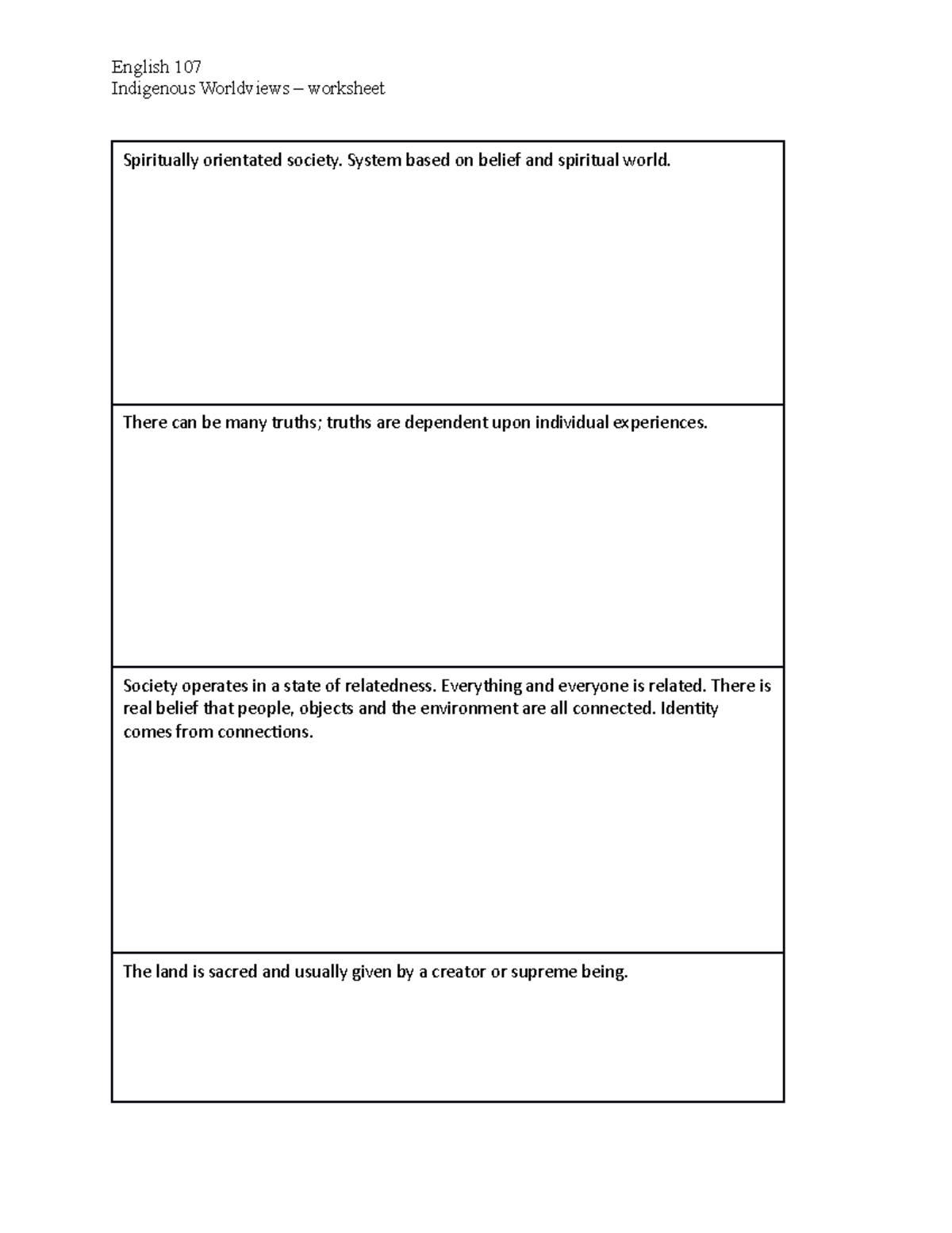 Indigenous Worldviews Worksheet - Indigenous Worldviews – Worksheet ...