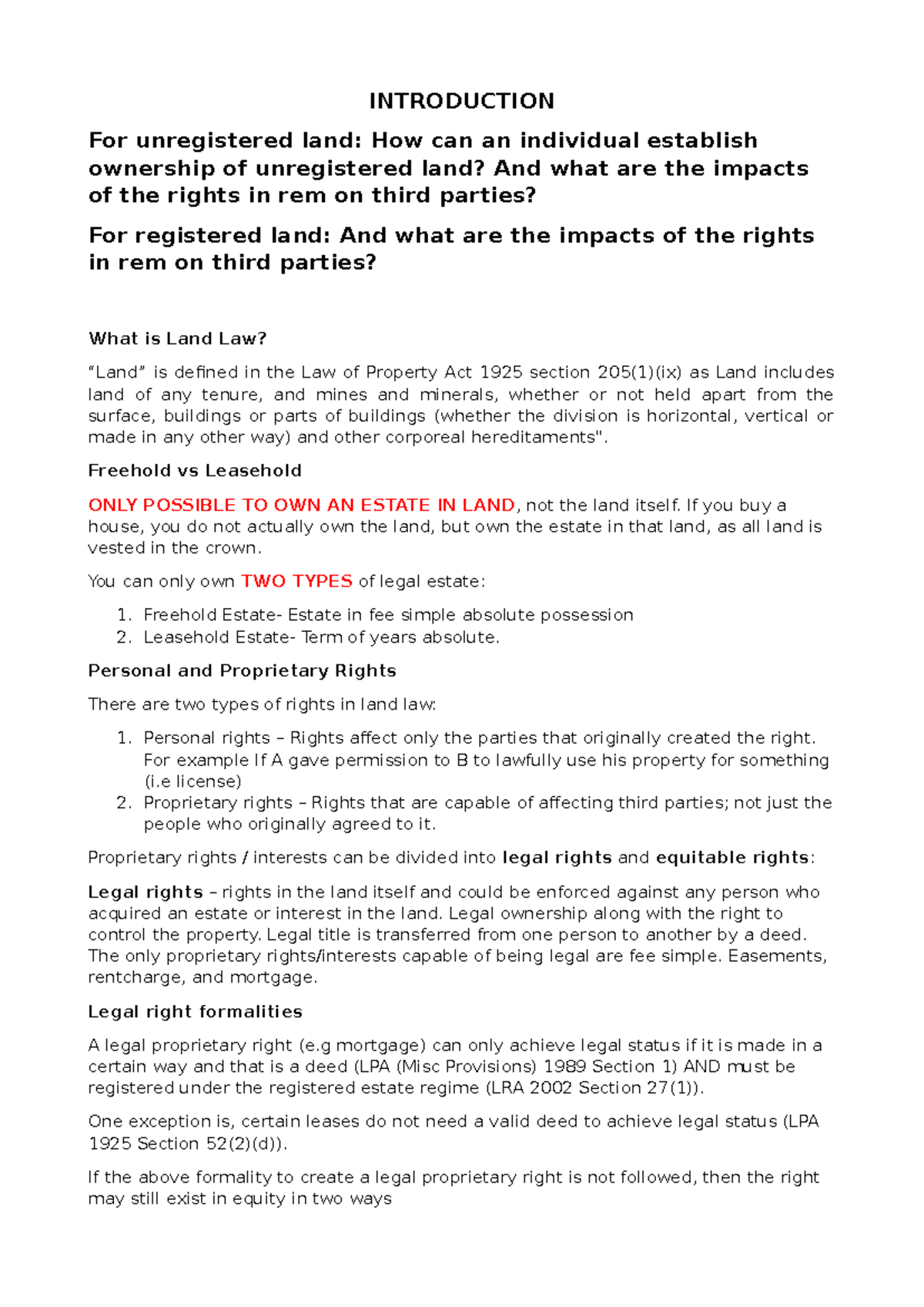 Land Law Notes - INTRODUCTION For unregistered land: How can an ...