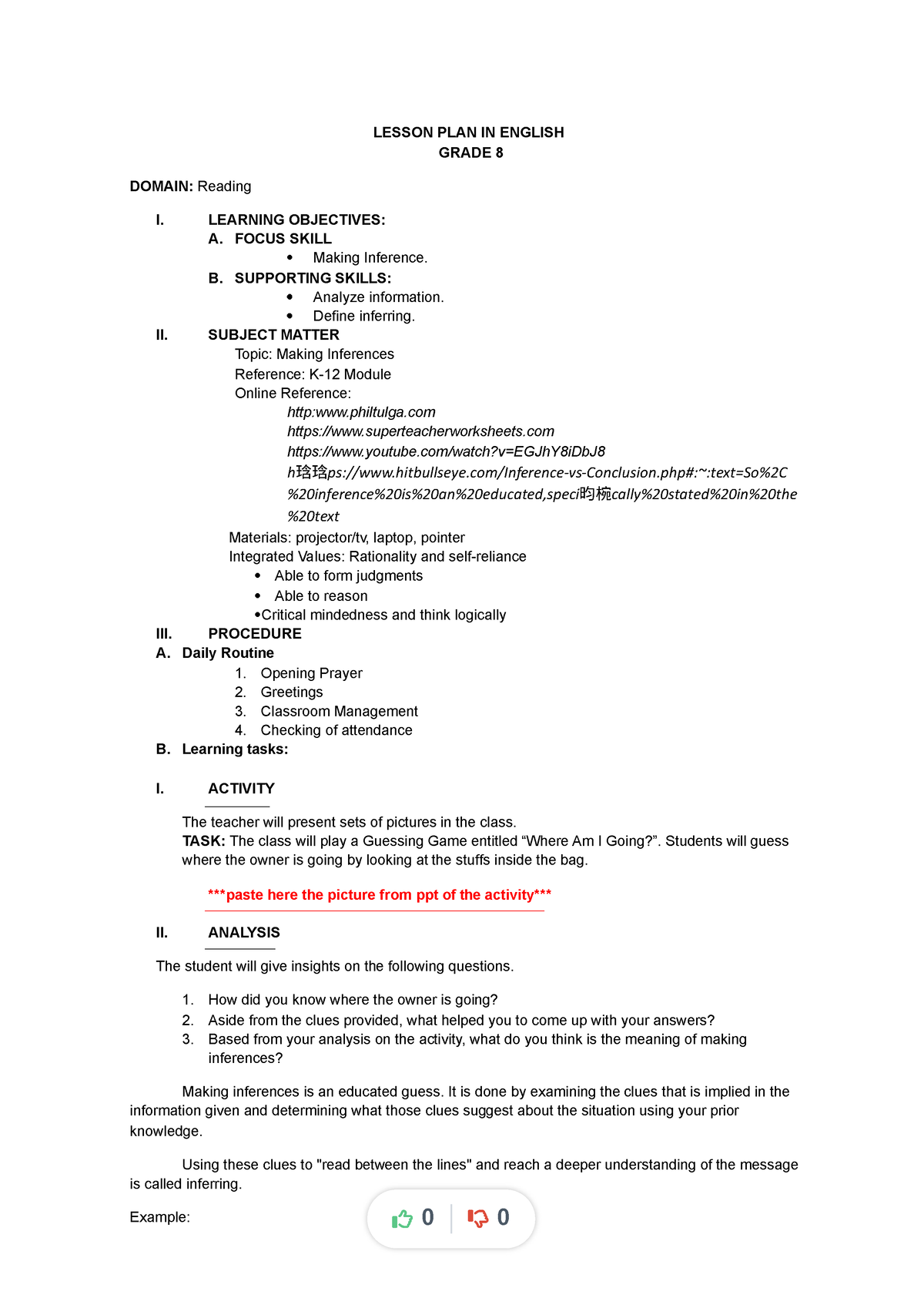 Making Inferences Lesson Plan Final Demo Compress Bachelor Of Secondary Education Major In