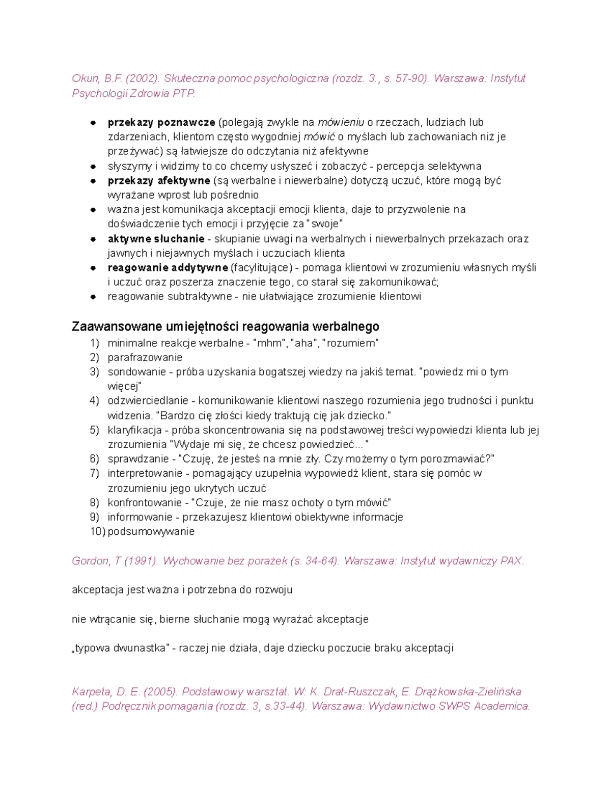 podstawowe umiejętności psychologiczne - 1 wejściówka - Okun, B. (2002