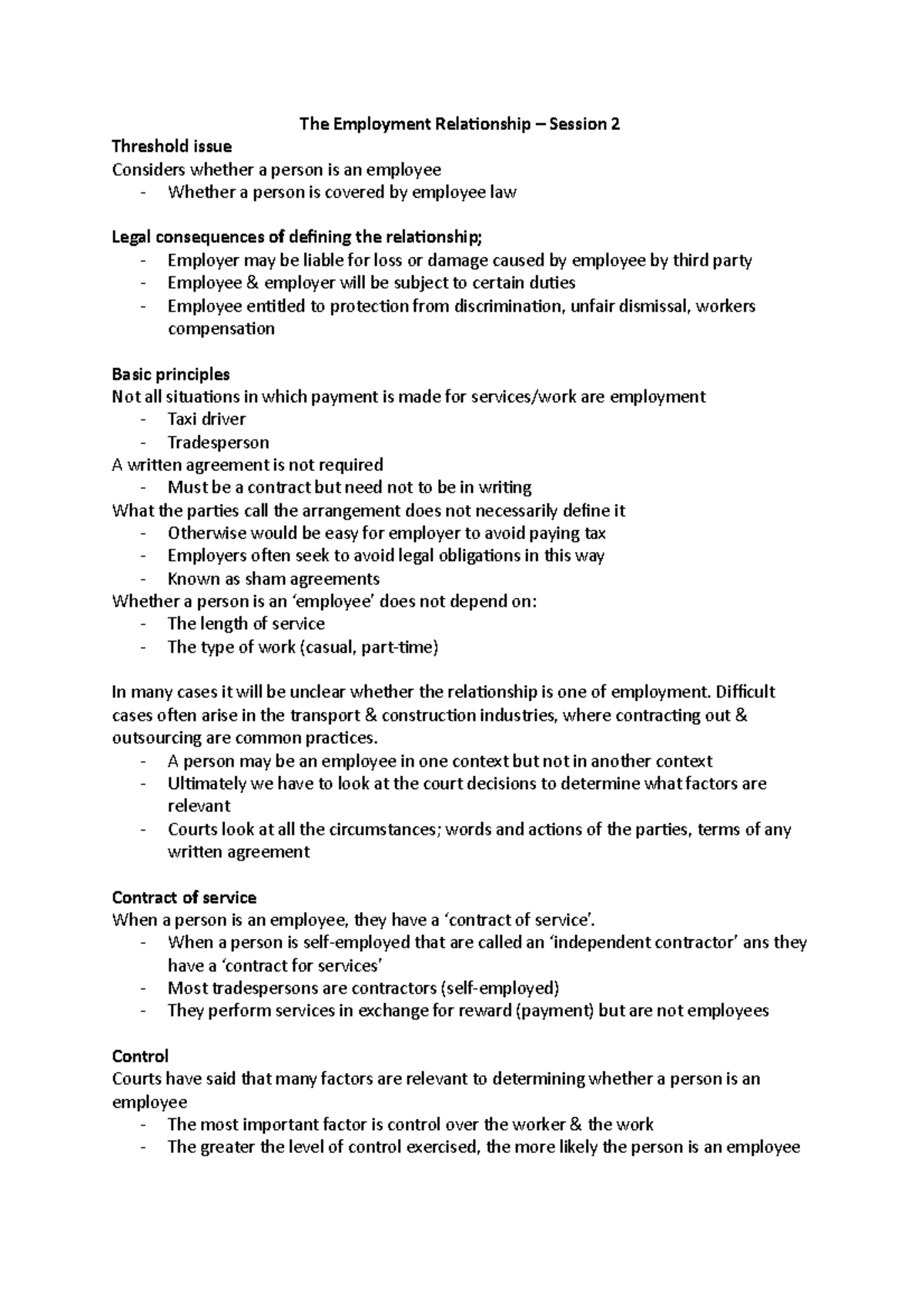 Sesion 2 - Lecture notes - The Employment Relationship – Session 2 ...