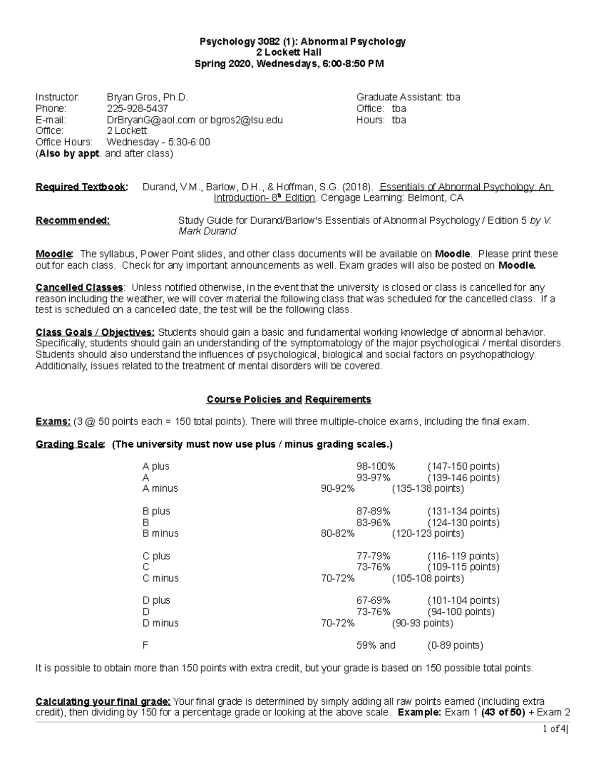 Abnormal psychology gros syllabus spring 2020 - Psychology 3082 (1 ...