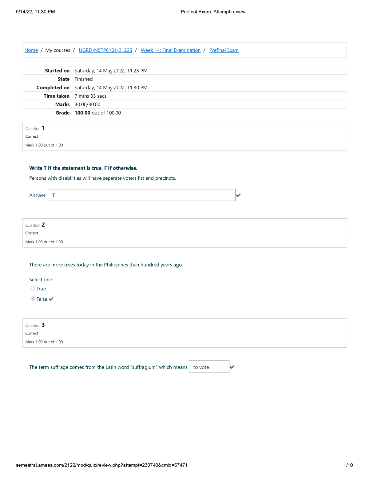 NSTP6101 Final Exam Attempt review - Home / My courses / UGRD