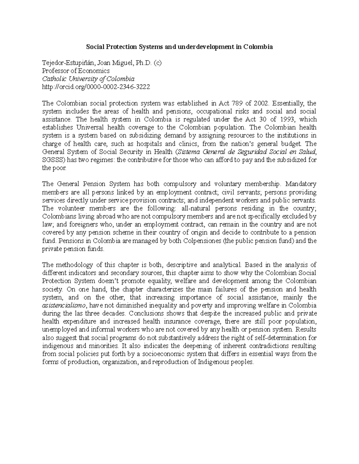 Social Protection and Underdevelopment in Colombia - Social Protection ...