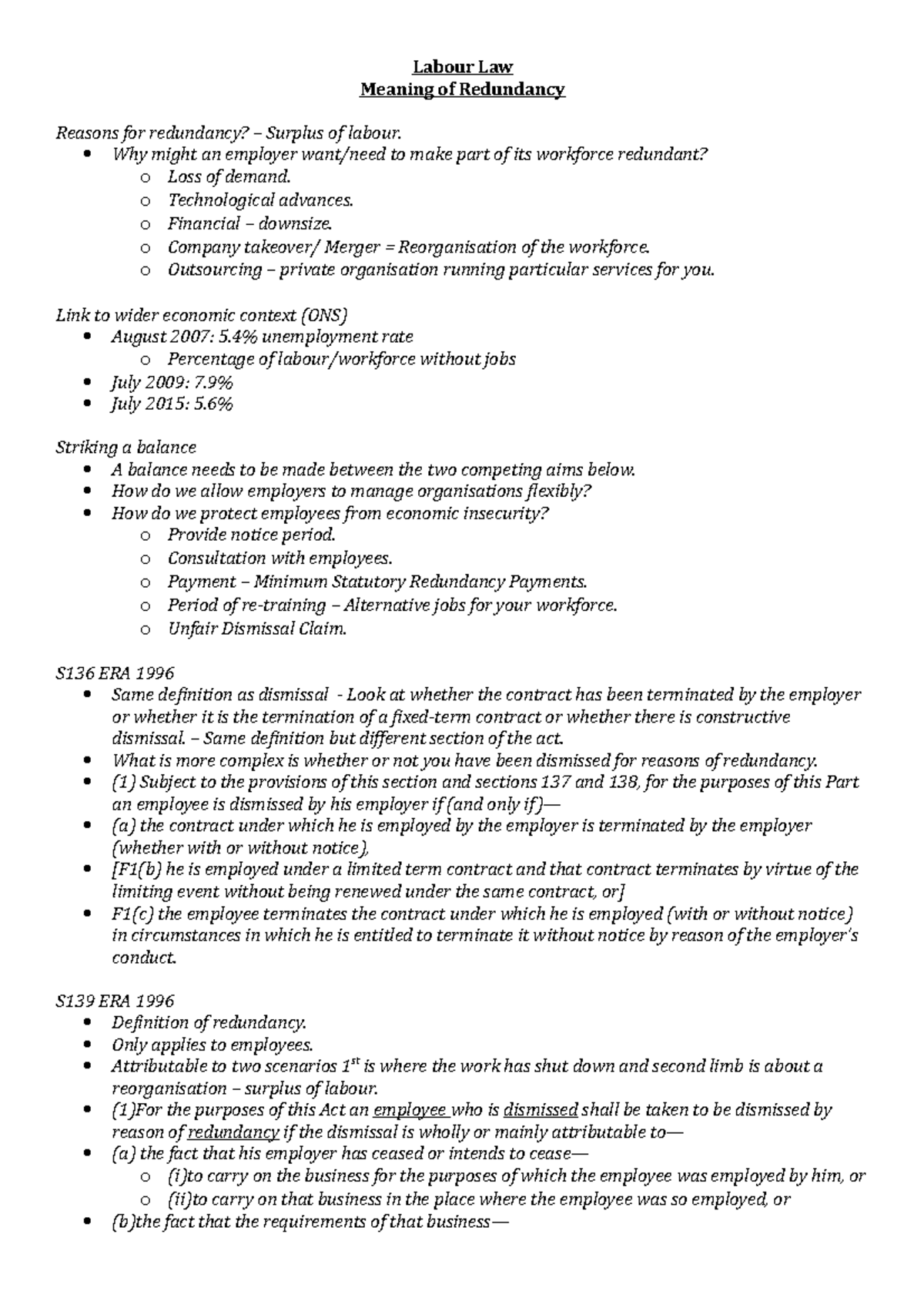 Redundancy - Lecture Notes - Labour Law Meaning of Redundancy Reasons ...