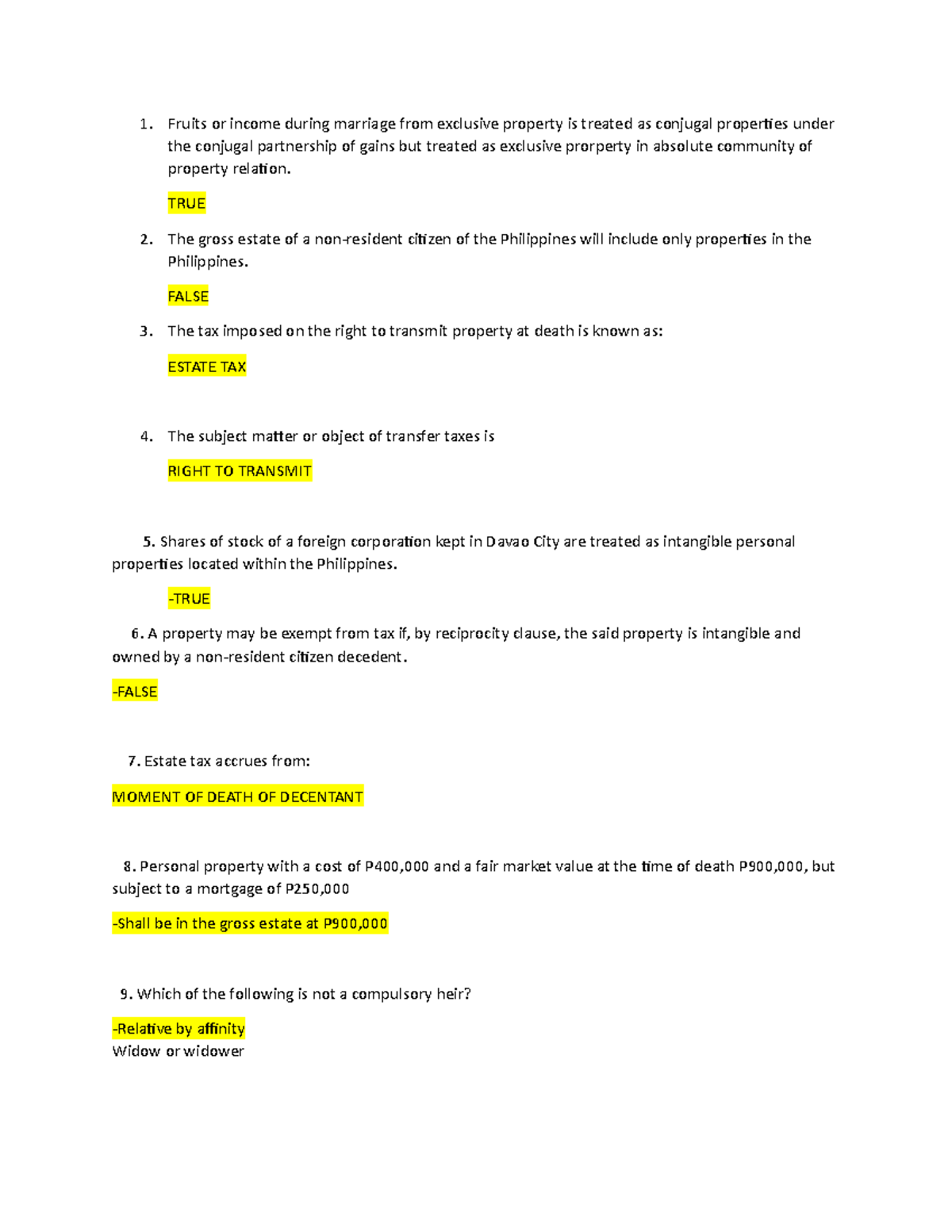 Estate TAX- QUIZ - Fruits or income during marriage from exclusive ...