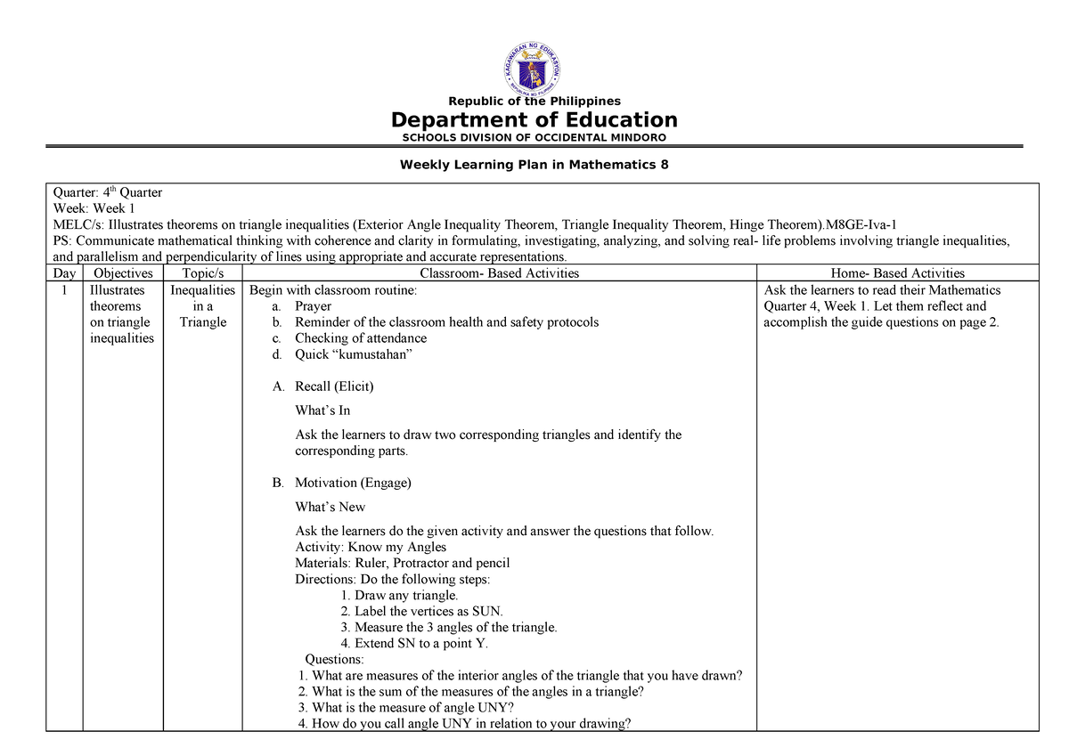 WLP In Math 8 - Weekly Learning Plan - Republic Of The Philippines ...