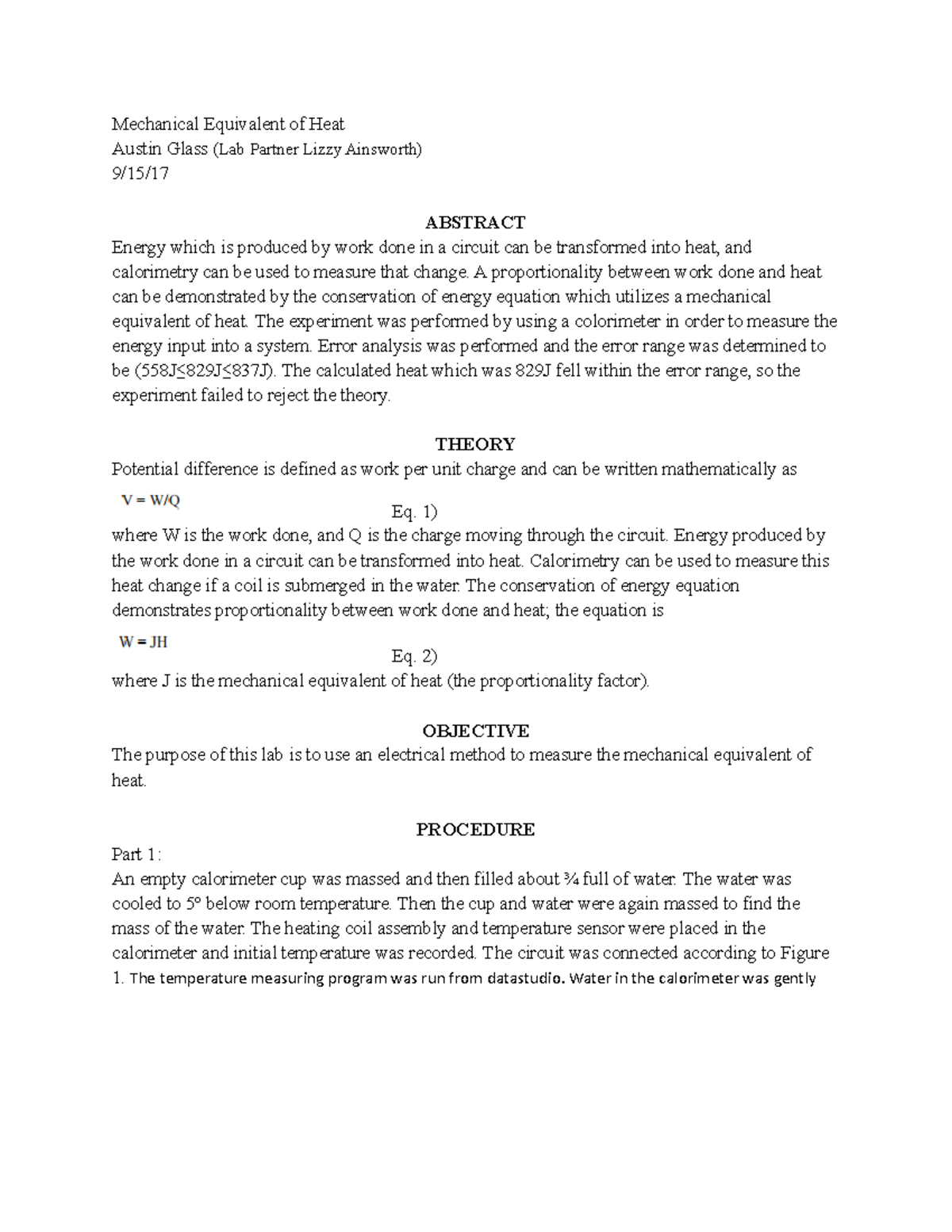 Lab 2 Mechanical Equivalent of Heat Mechanical Equivalent of Heat