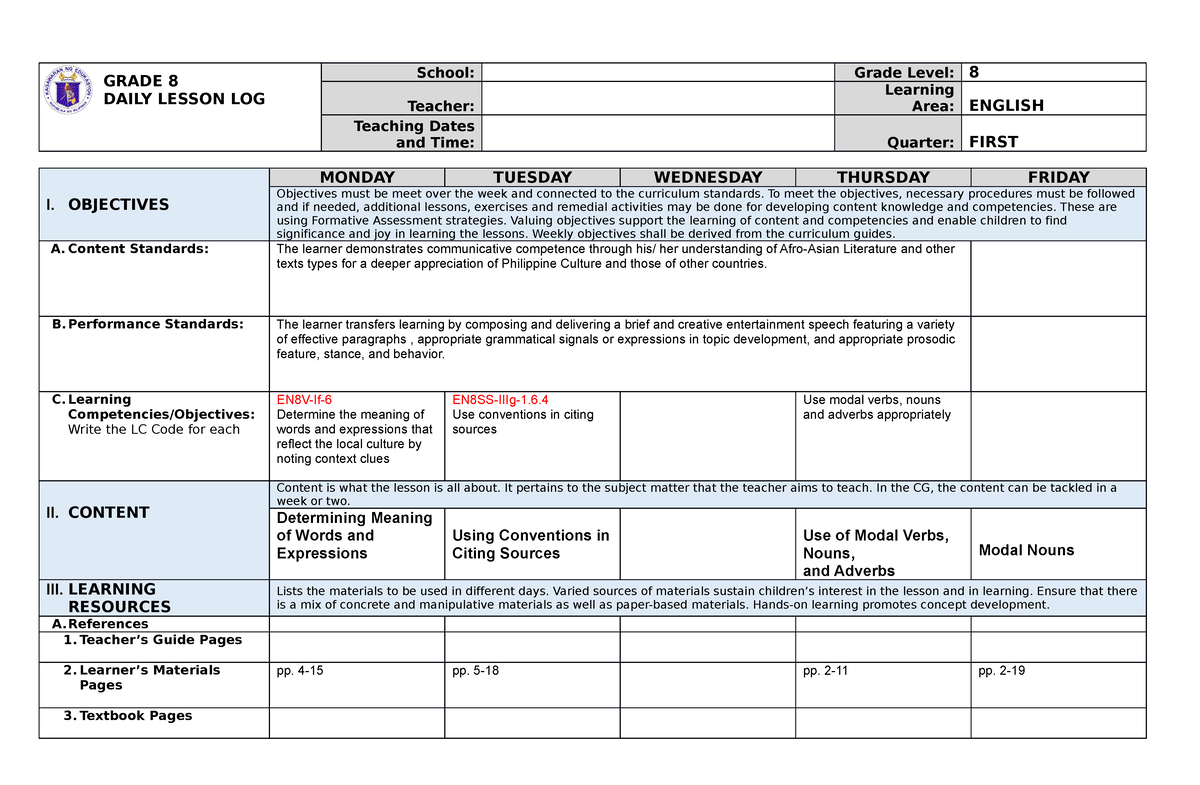 DLL ENG8 - NONE - GRADE 8 DAILY LESSON LOG School: Grade Level: 8 ...