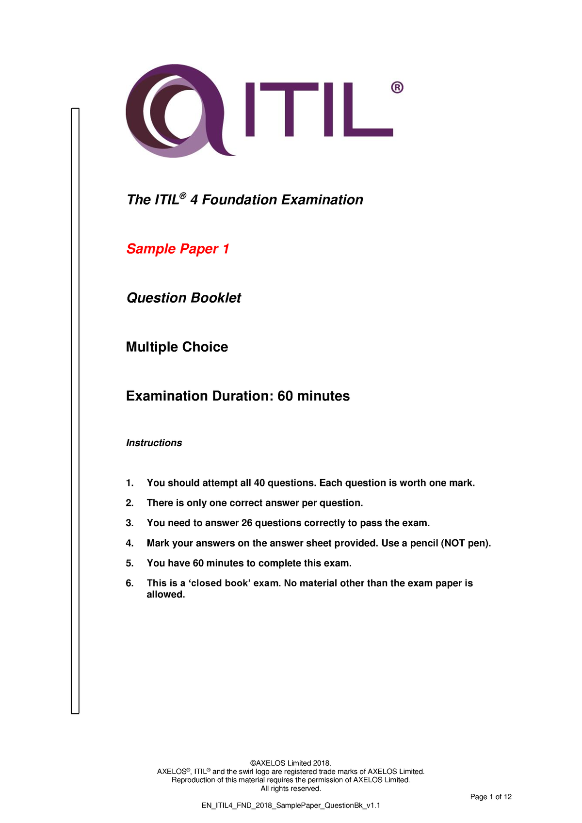 ITIL4 FND 2018 Sample Paper 1 Question Bk V1-1 - ©AXELOS Limited 2018 ...