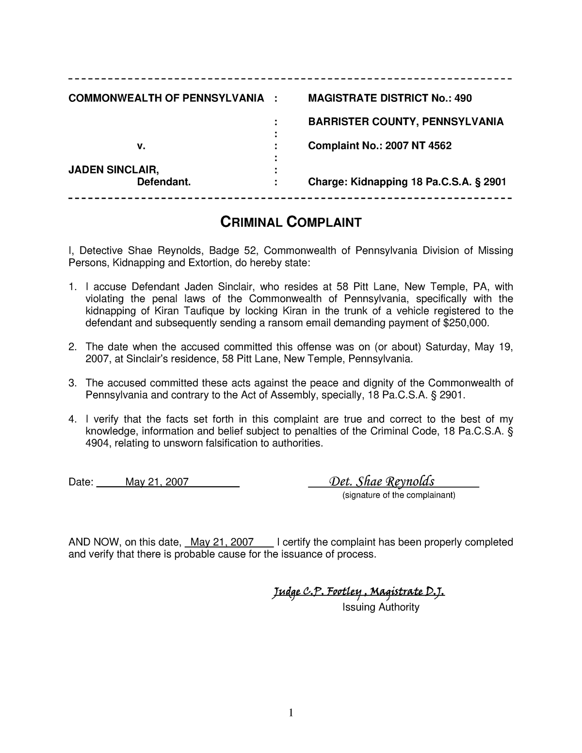 Kidnapping Criminal Complaint and Information - COMMONWEALTH OF ...