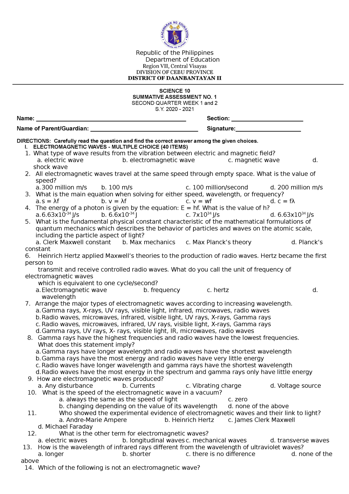 Summative Test In Science 10 Week 1 And 2 - Republic Of The Philippines ...