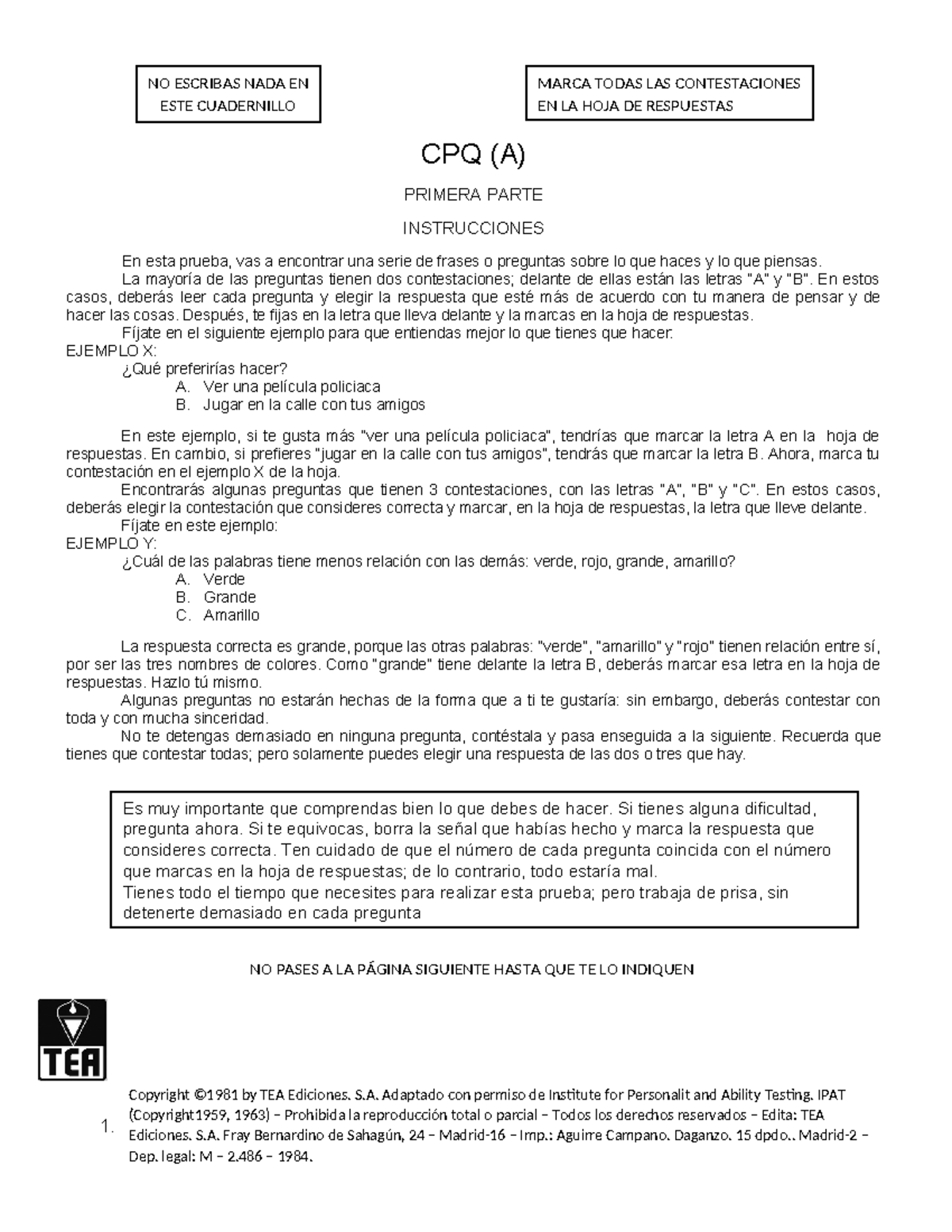 Cuestionario - CPQ - trabajo cpq - CPQ (A) PRIMERA PARTE INSTRUCCIONES ...