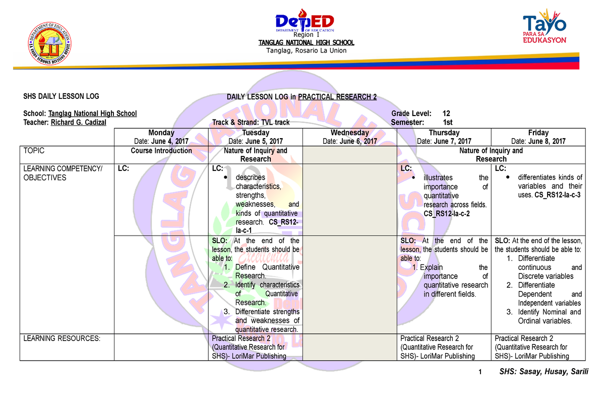 Shs Daily Lesson Log In Practical Research 2 - SHS DAILY LESSON LOG ...