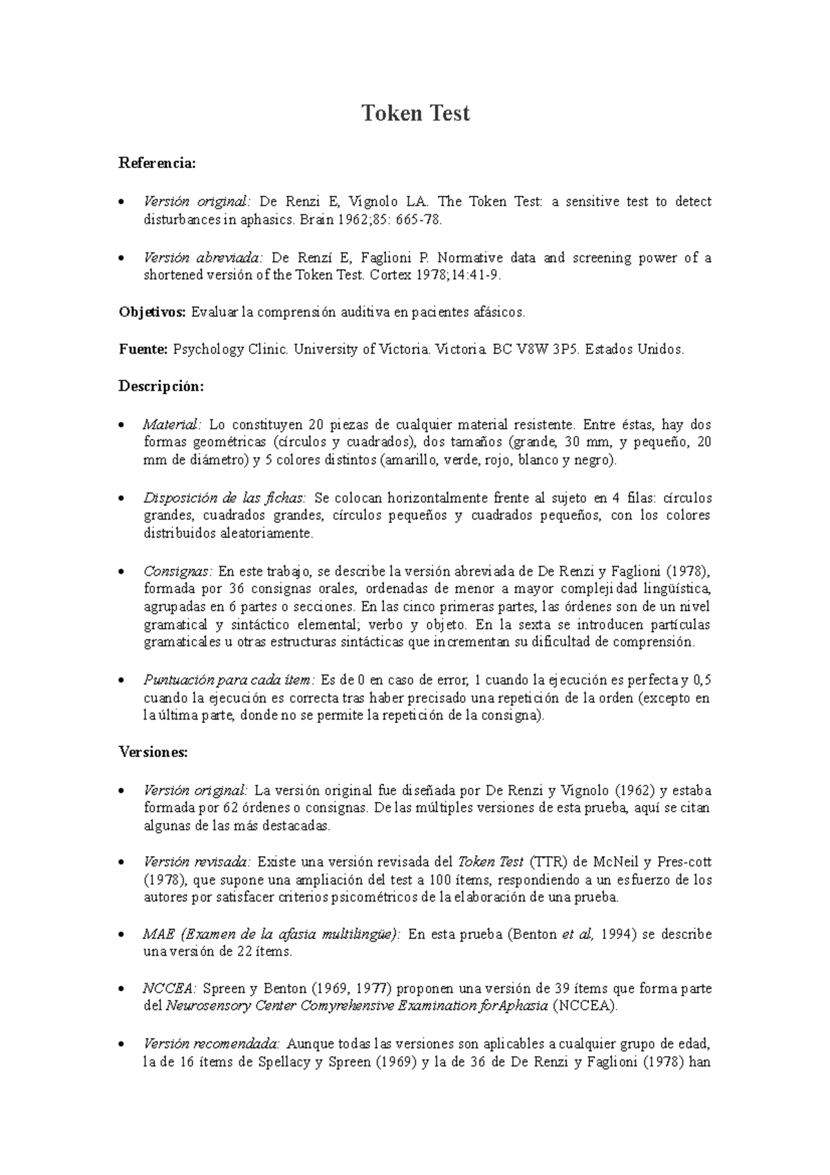 2 Ficha técnica Token Test - Token Test Referencia: Versión original ...
