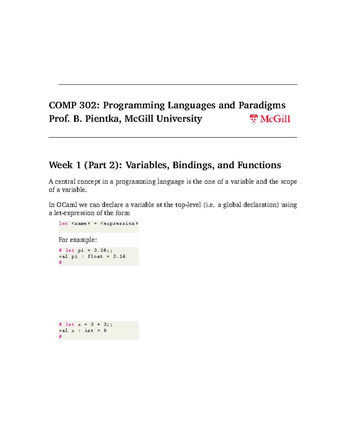 Note01-2 - lecture notes - COMP 302: Programming Languages and ...
