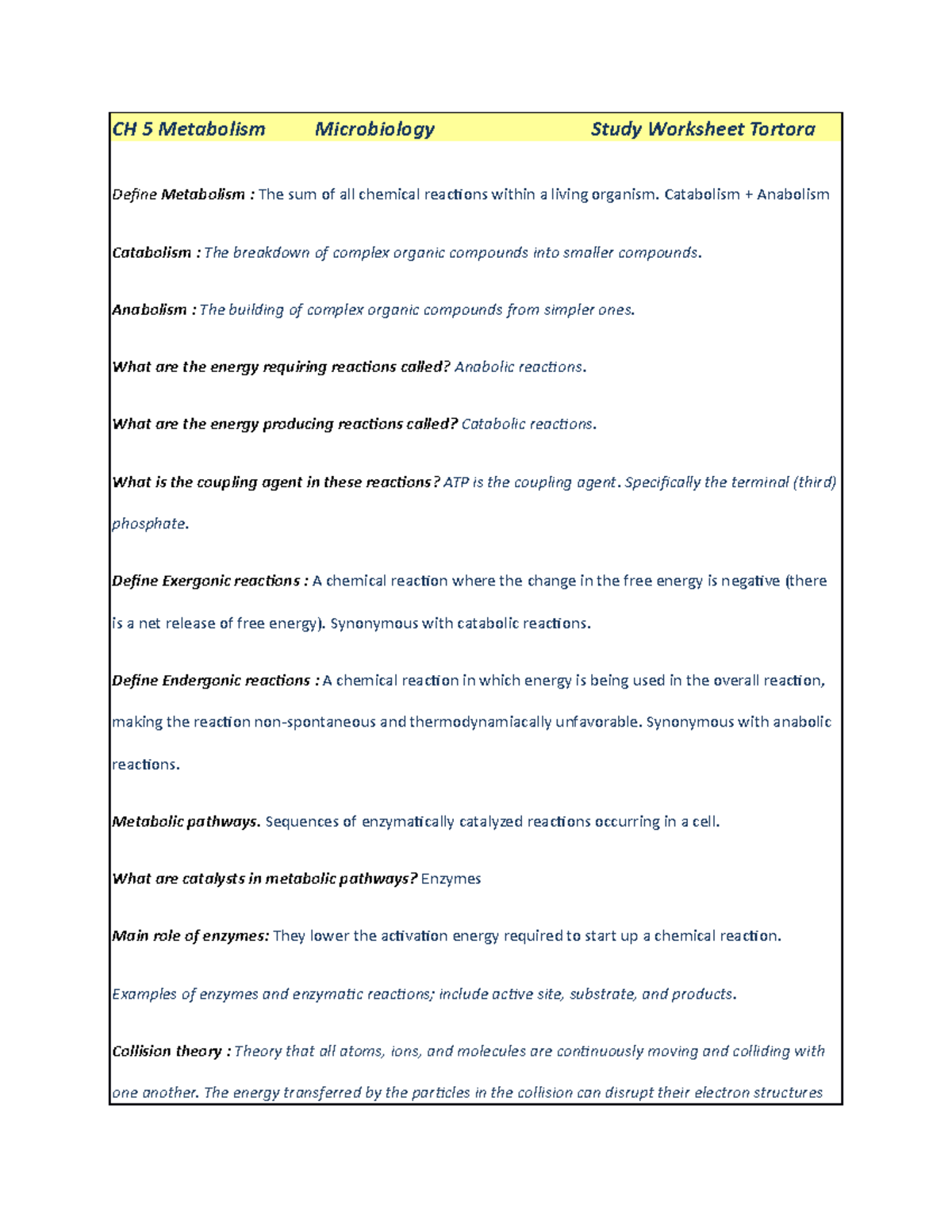 CH 5 Metabolism Study Worksheet New - CH 5 Metabolism Microbiology ...