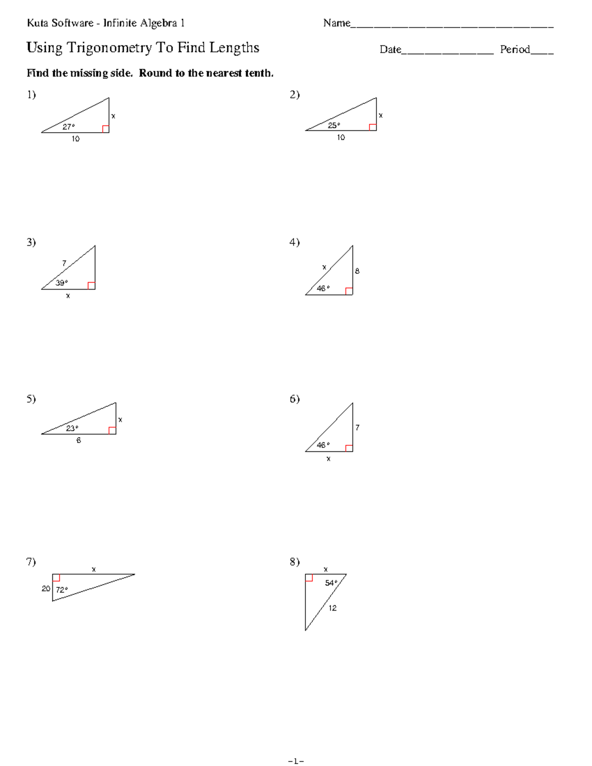 Trigonometry to find lengths - Kuta Software - Infinite Algebra 1 - Studocu