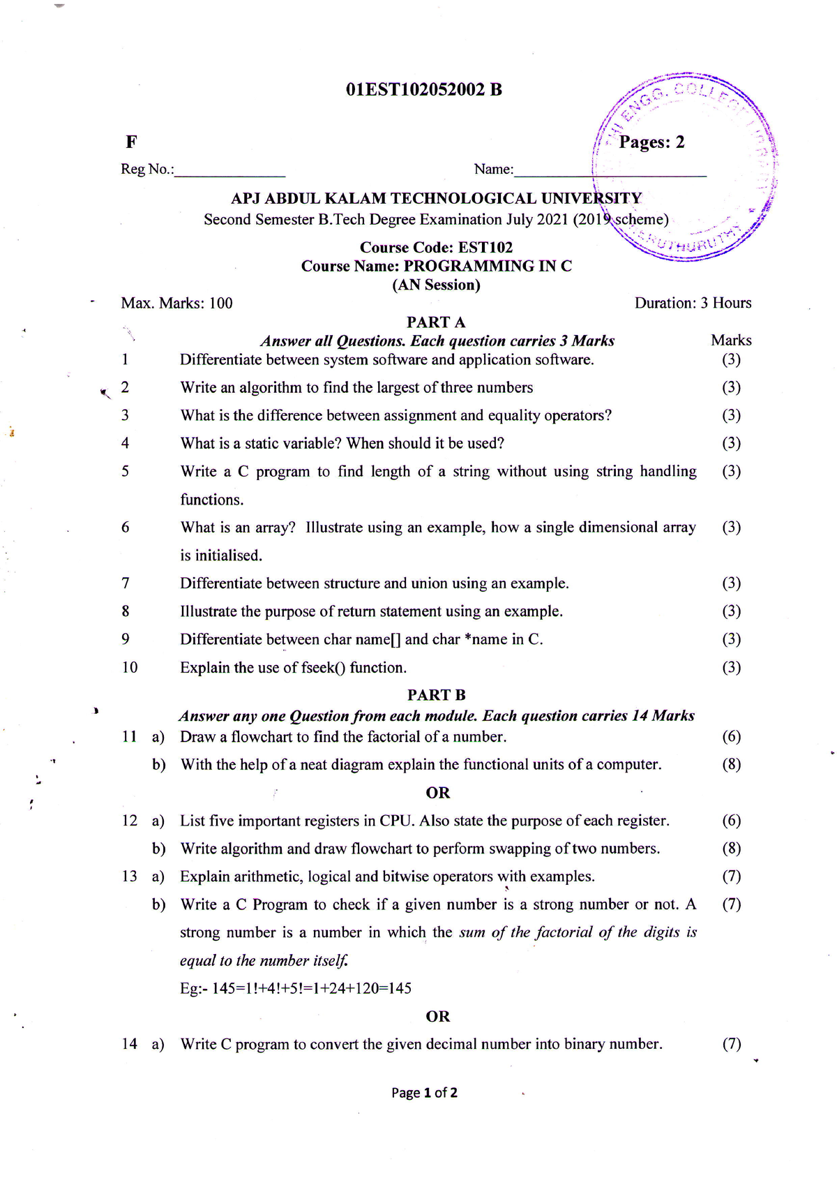 EST102 (AN Session), Programming IN C, JULY 2021 - F RegNo.: Max. Marks ...