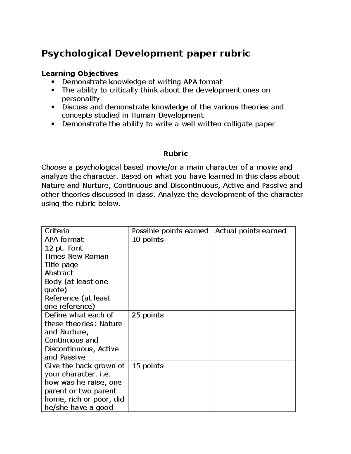 psychology research paper rubric