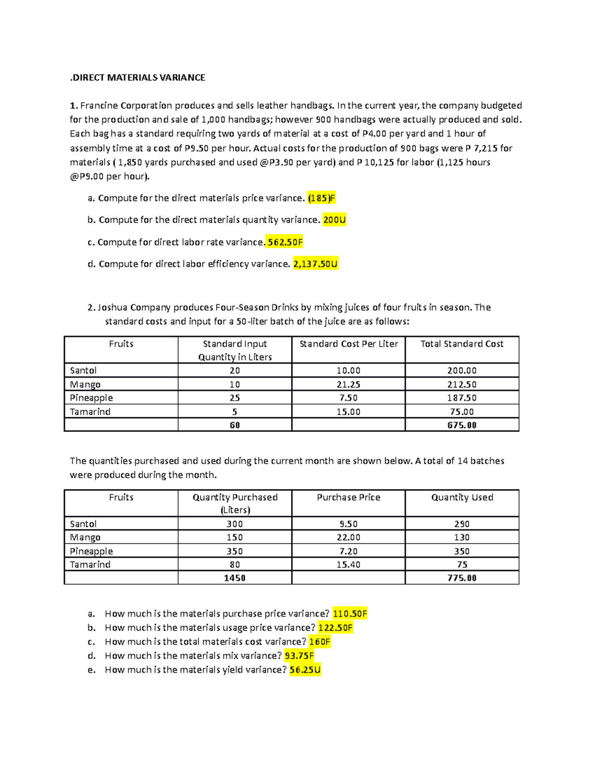 Standard Costing and Variance Analysis - .DIRECT MATERIALS VARIANCE ...