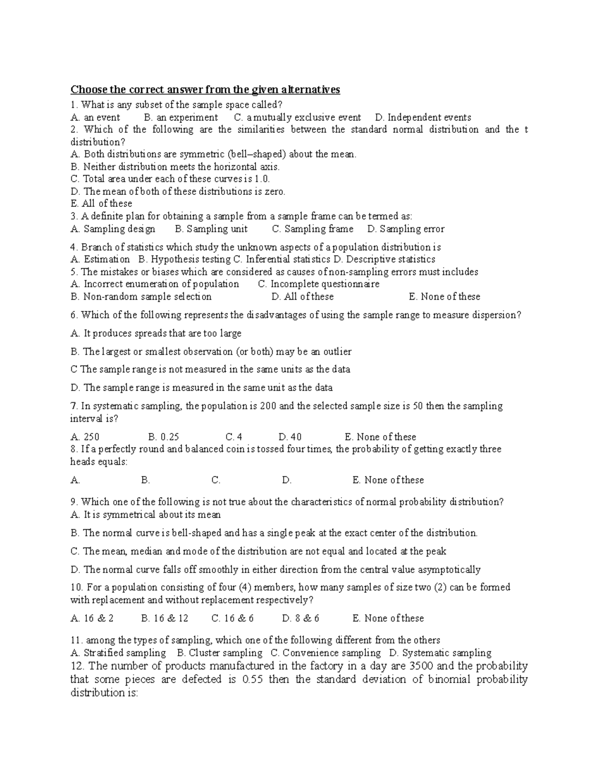 Exit Exam Model For Stat - Choose The Correct Answer From The Given ...