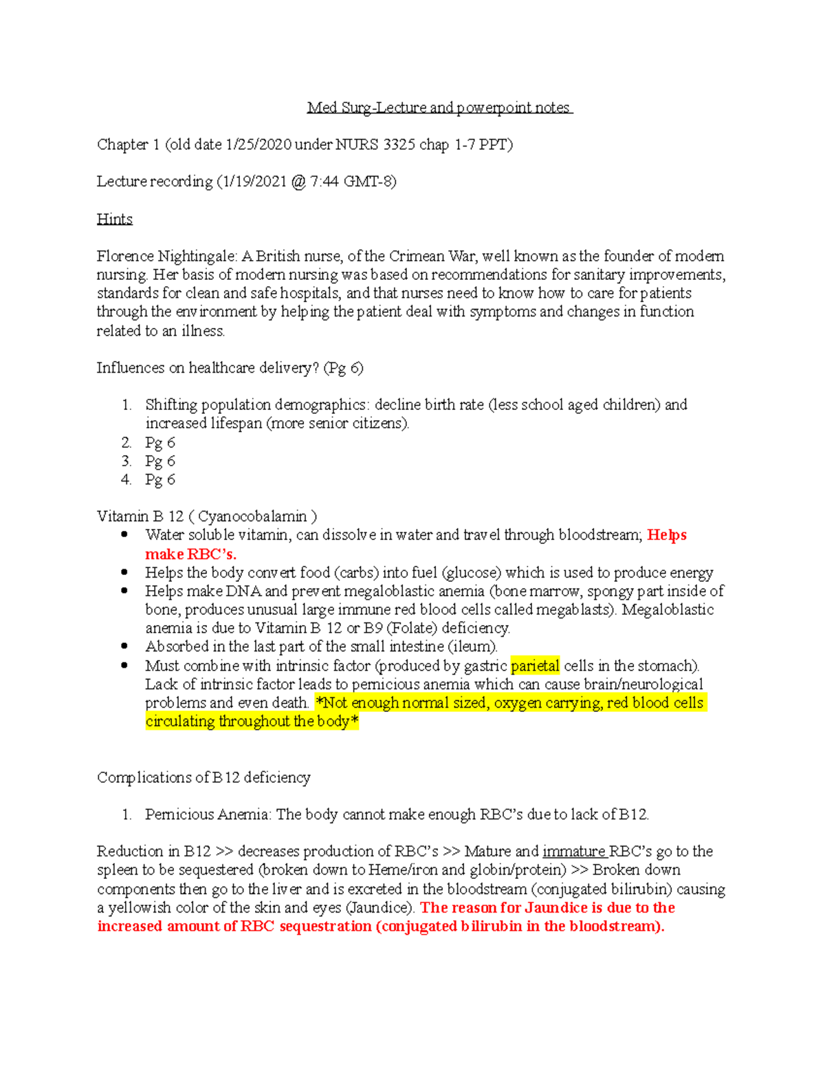 Med Surg Notes FA 21 Medical Surgical Notes - Med Surg-Lecture And ...