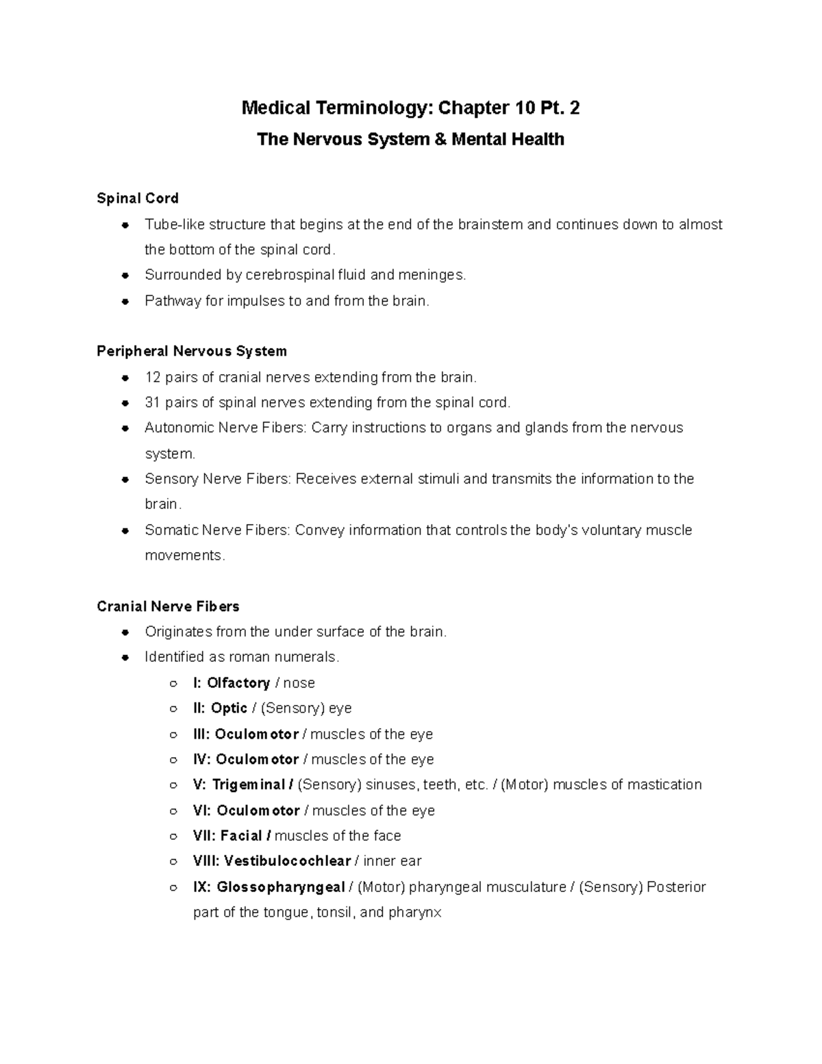 Med Terms Ch 10 Pt 2 The Nervous System and Mental Health Medical