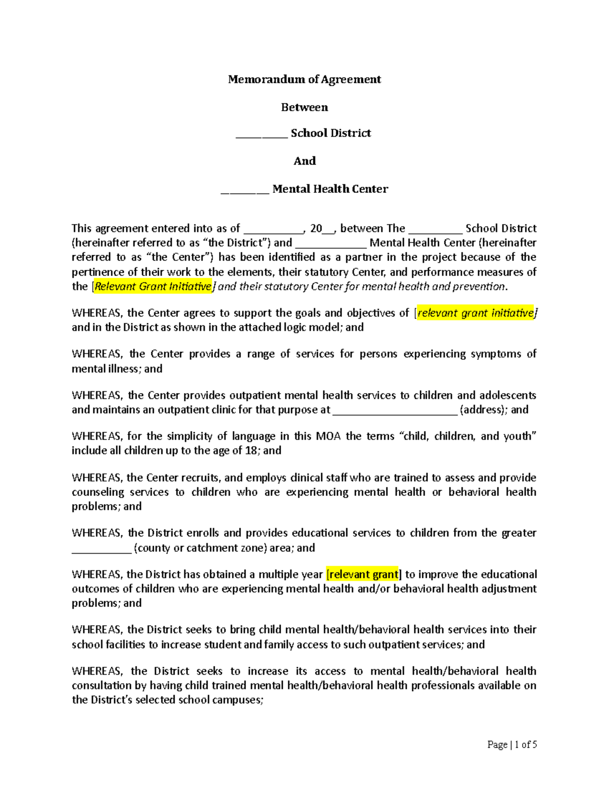 5. SMH Mo A template - Moa - Memorandum of Agreement Between ...