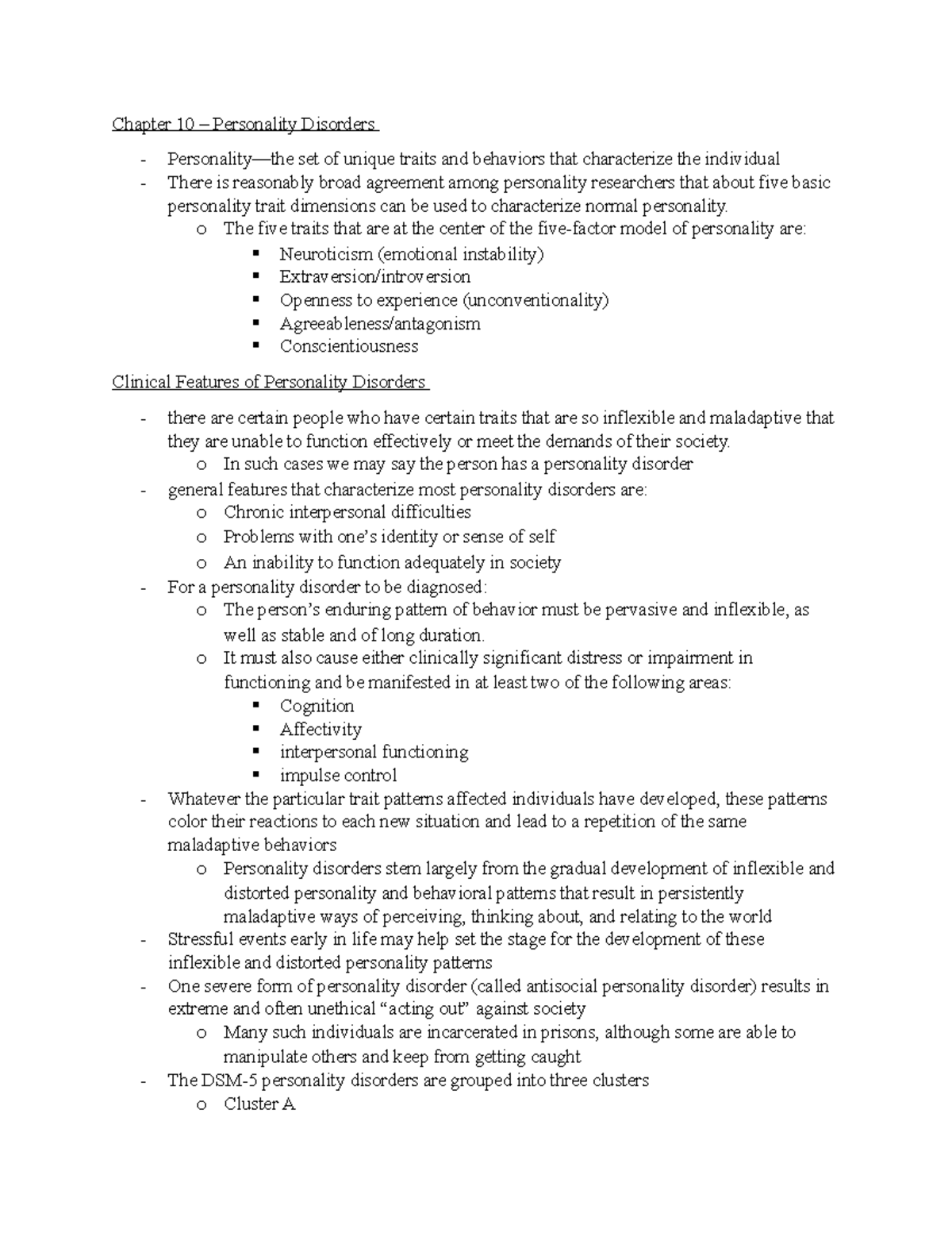 PSYC 435 - Chapter 10 - Notes - Chapter 10 – Personality Disorders ...