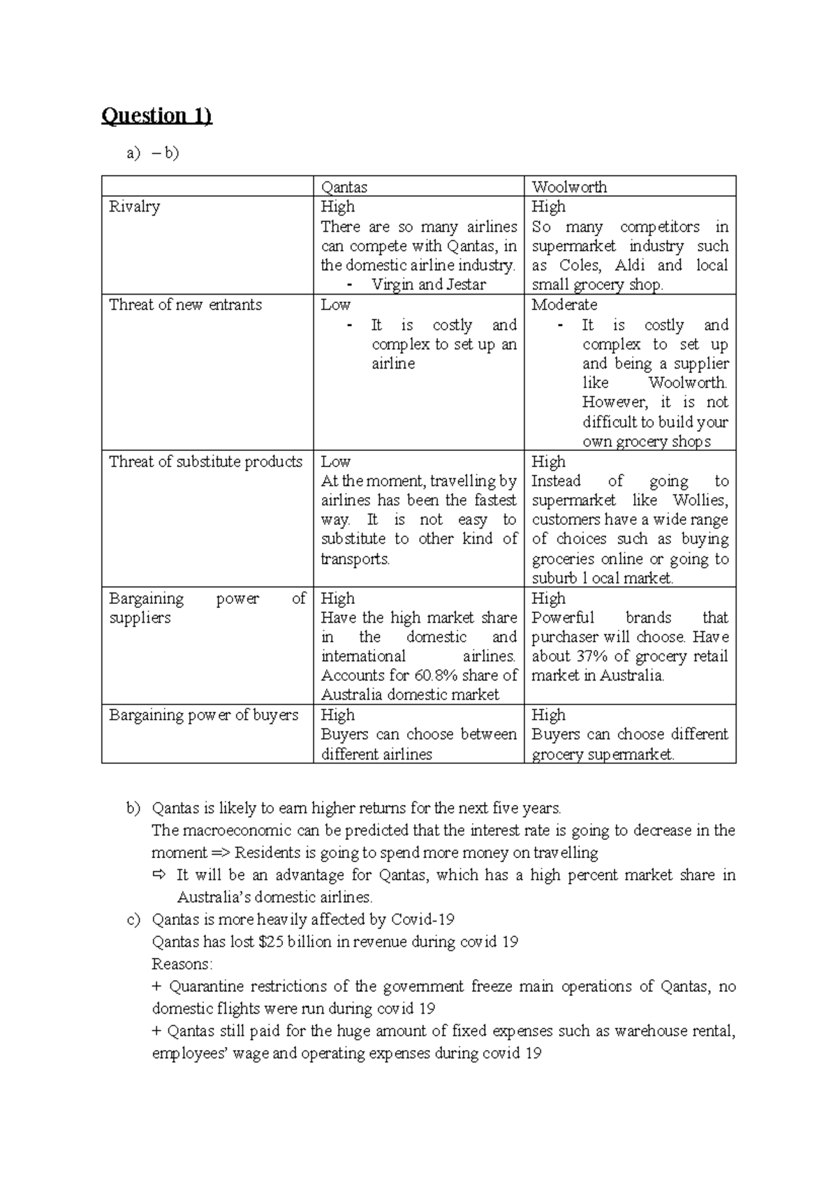 ACCG3050 Week 3 HW - adasddsadas - Question 1) a) – b) Qantas Woolworth ...