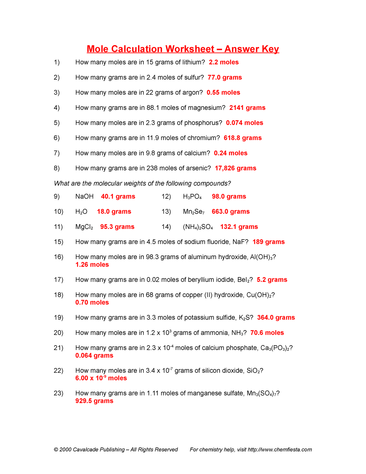 Mole Calculation Worksheet Answers Mole Calculation Worksheet Answer Key How Many Moles Are