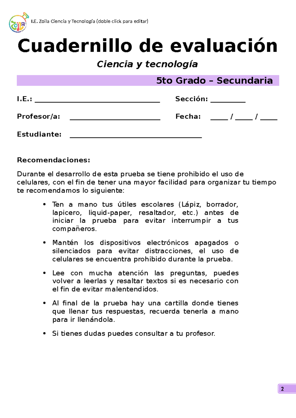 Cuadernillo de evaluación 5to Grado - Ciencia y tecnología (Con ...