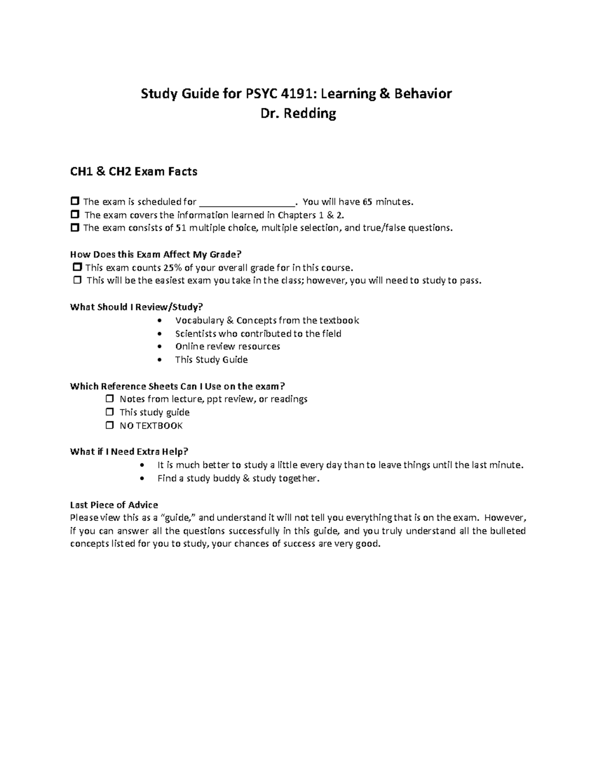Study Guide for learning and behavior - Study Guide for PSYC 4191 ...