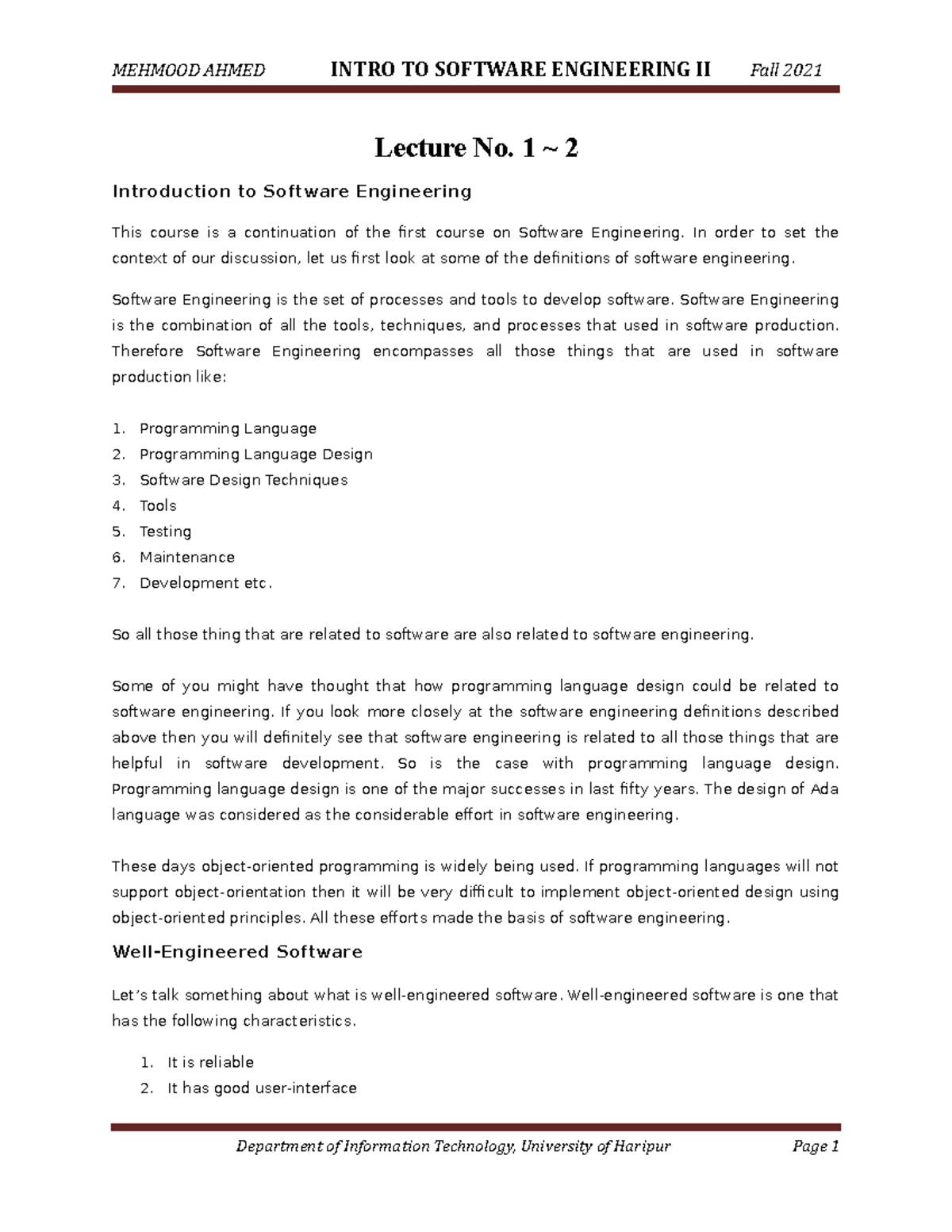 Intro to SE - Lesson Plan 1 - Lecture No. 1 ~ 2 Introduction to ...