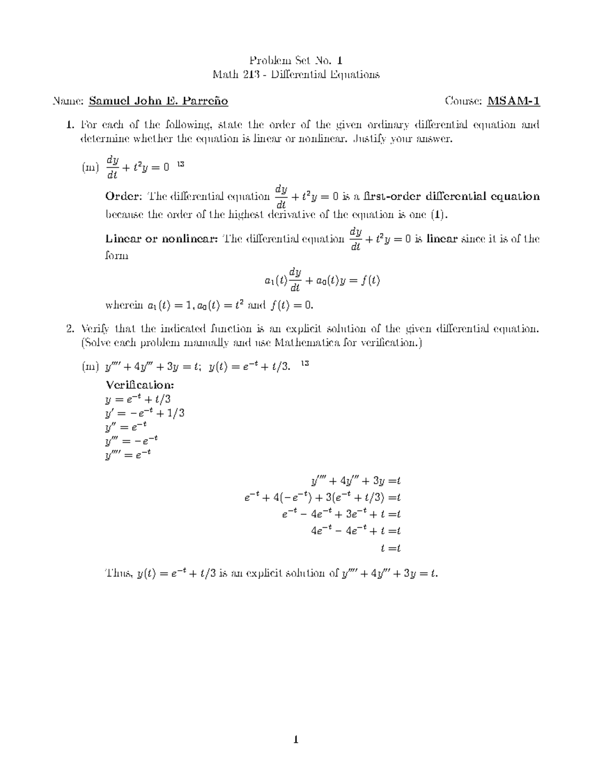 Problem Set No. 1 - ProblemSetNo. 1 Math 213 - Di erentialEquations ...