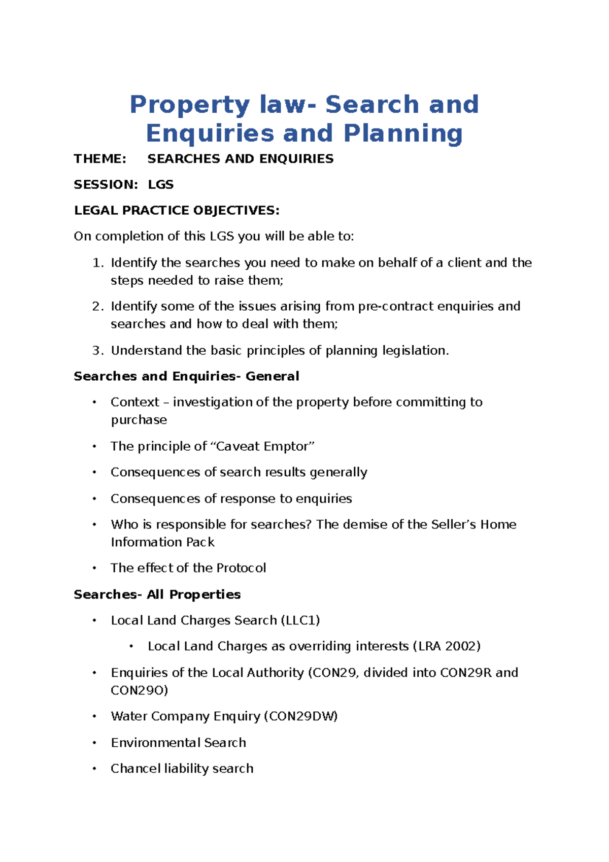 Search And Enquiries - Property Law- Search And Enquiries And Planning 