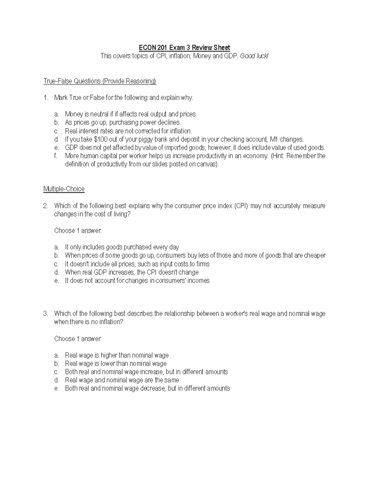 ECON 201 Exam 3 review questions - ECON 201 Exam 3 Review Sheet This ...