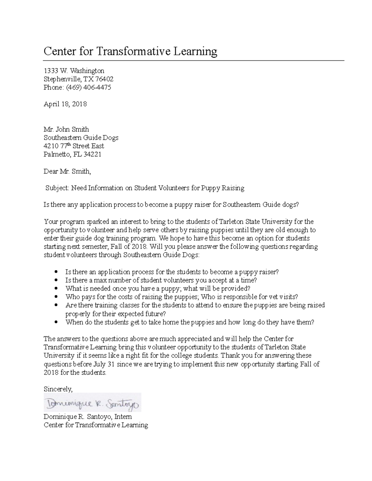 Direct Letter Ch Grade A Center for Transformative Learning 1333 W