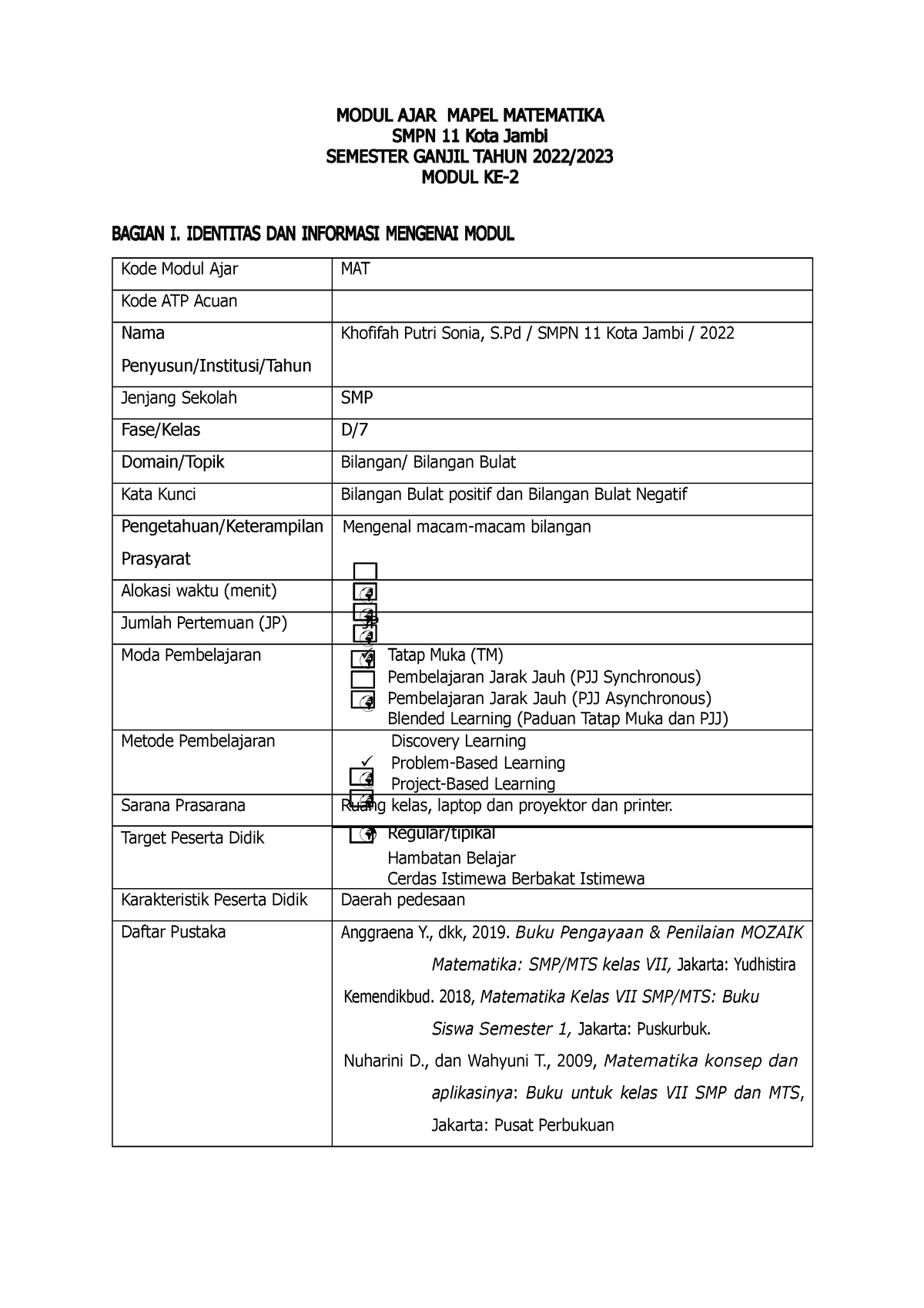 Modul AJAR Bilangan Bulat - MODUL AJAR MAPEL MATEMATIKA SMPN 11 Kota ...