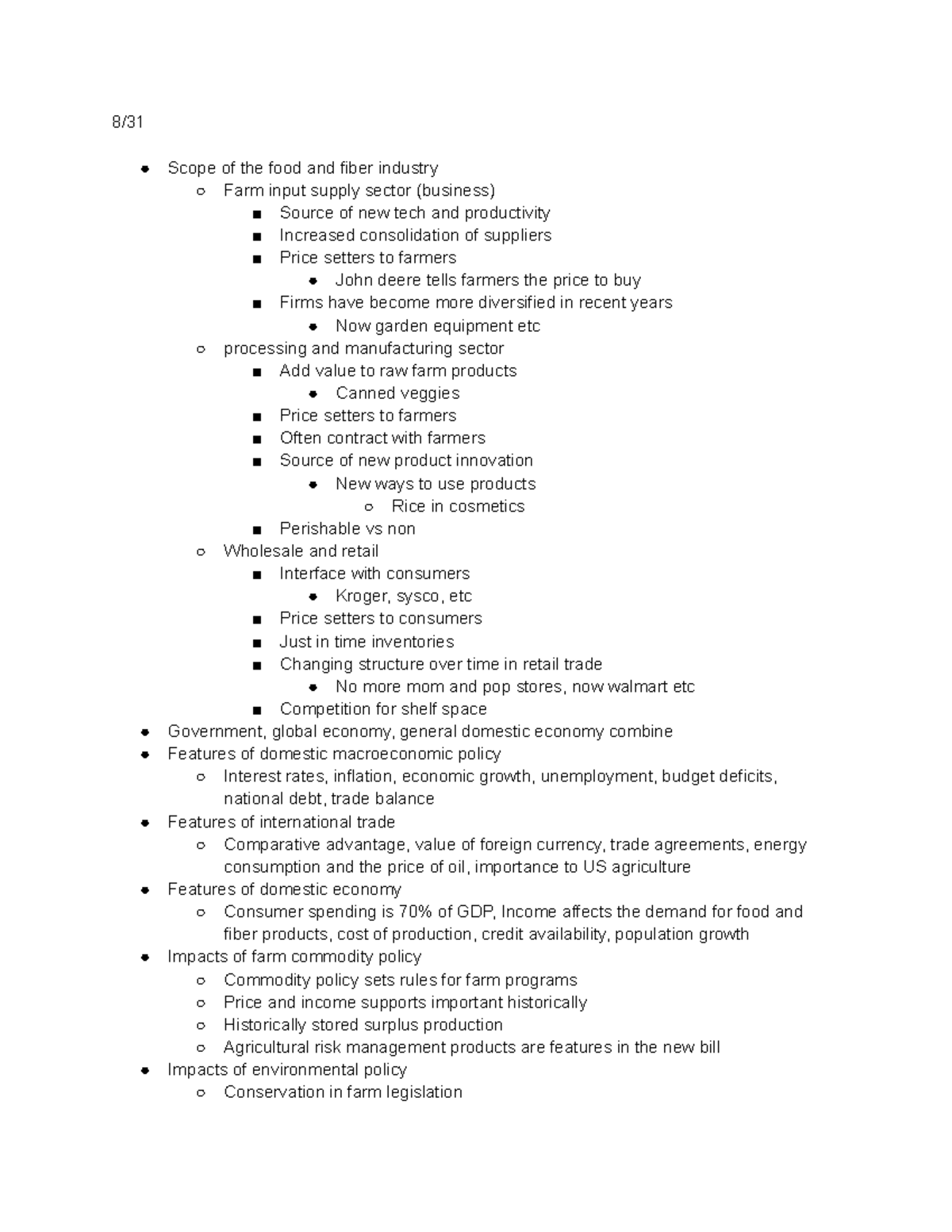 Agec 105 - Lecture notes 1 - 8/ Scope of the food and fiber industry ...
