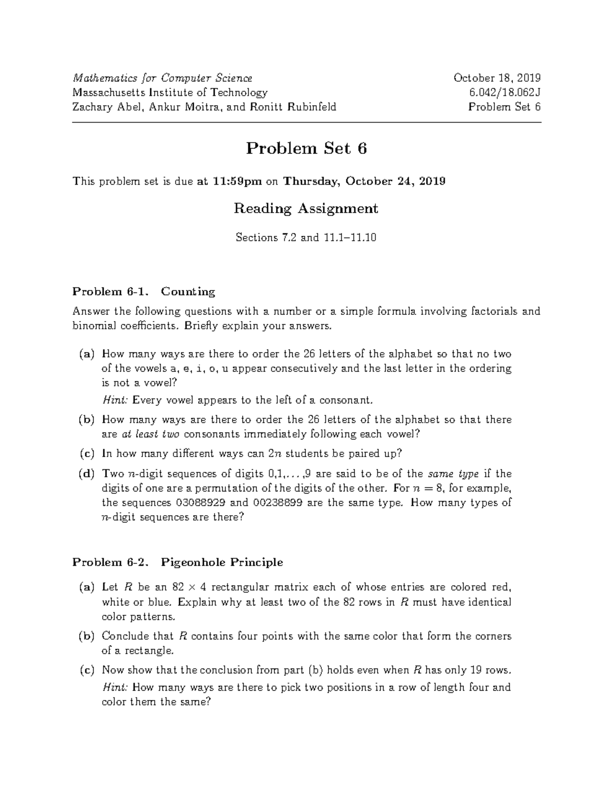 Problem Set 6 Problems - Mathematics for Computer Science October 18 ...