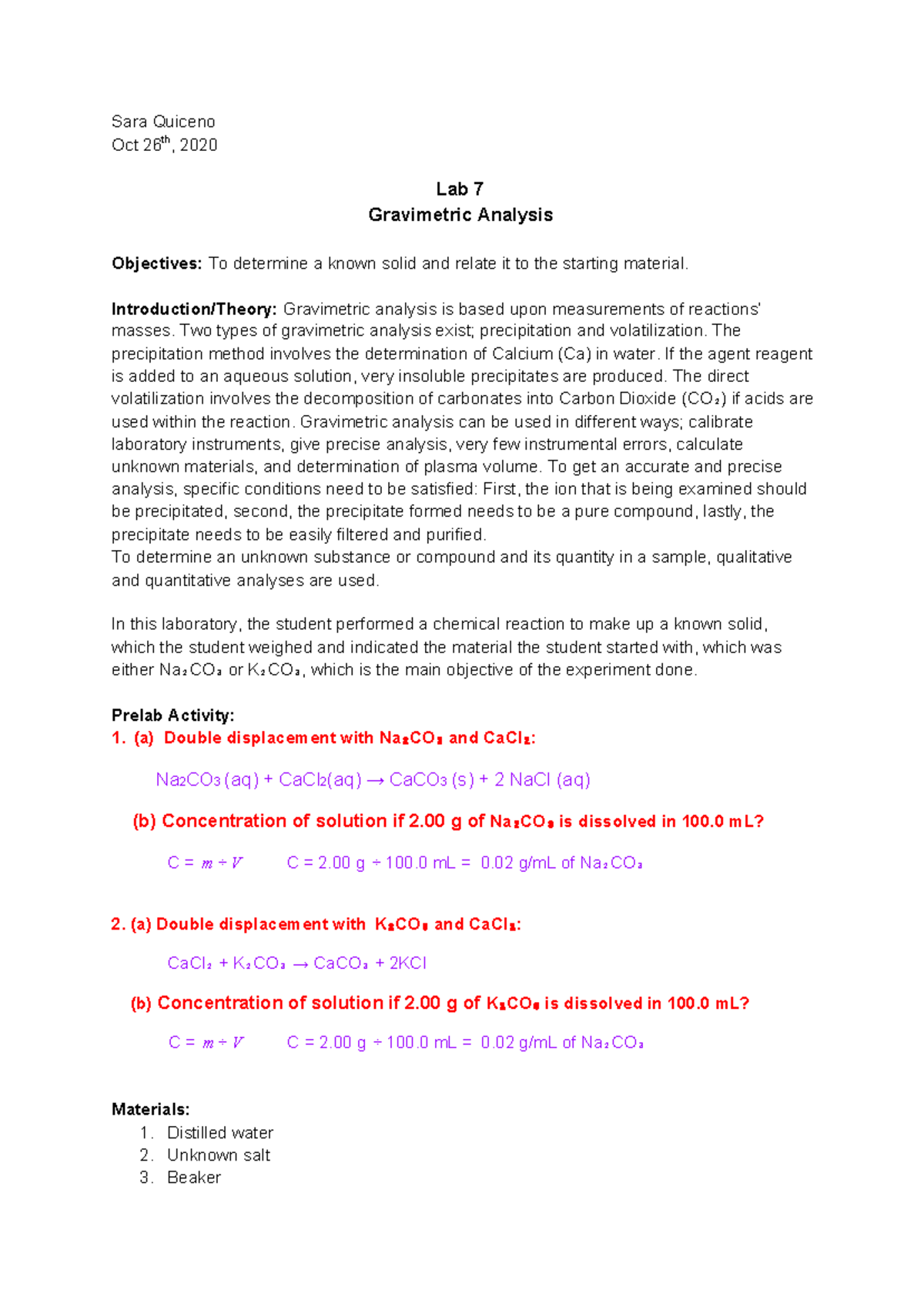 Lab #7: Gravimetric Analysis - Sara Quiceno Oct 26 Th , 2020 Lab 7 ...