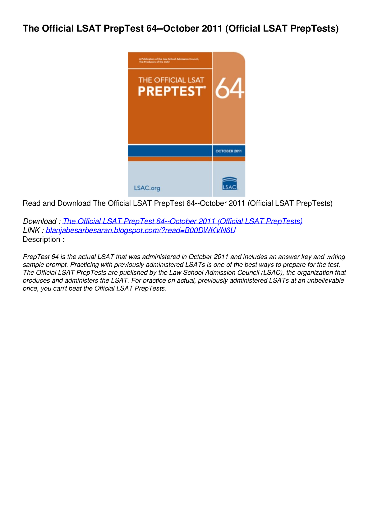 READ/DOWNLOADThe Official LSAT PrepTest 64-October 2011 (Official LSAT ...