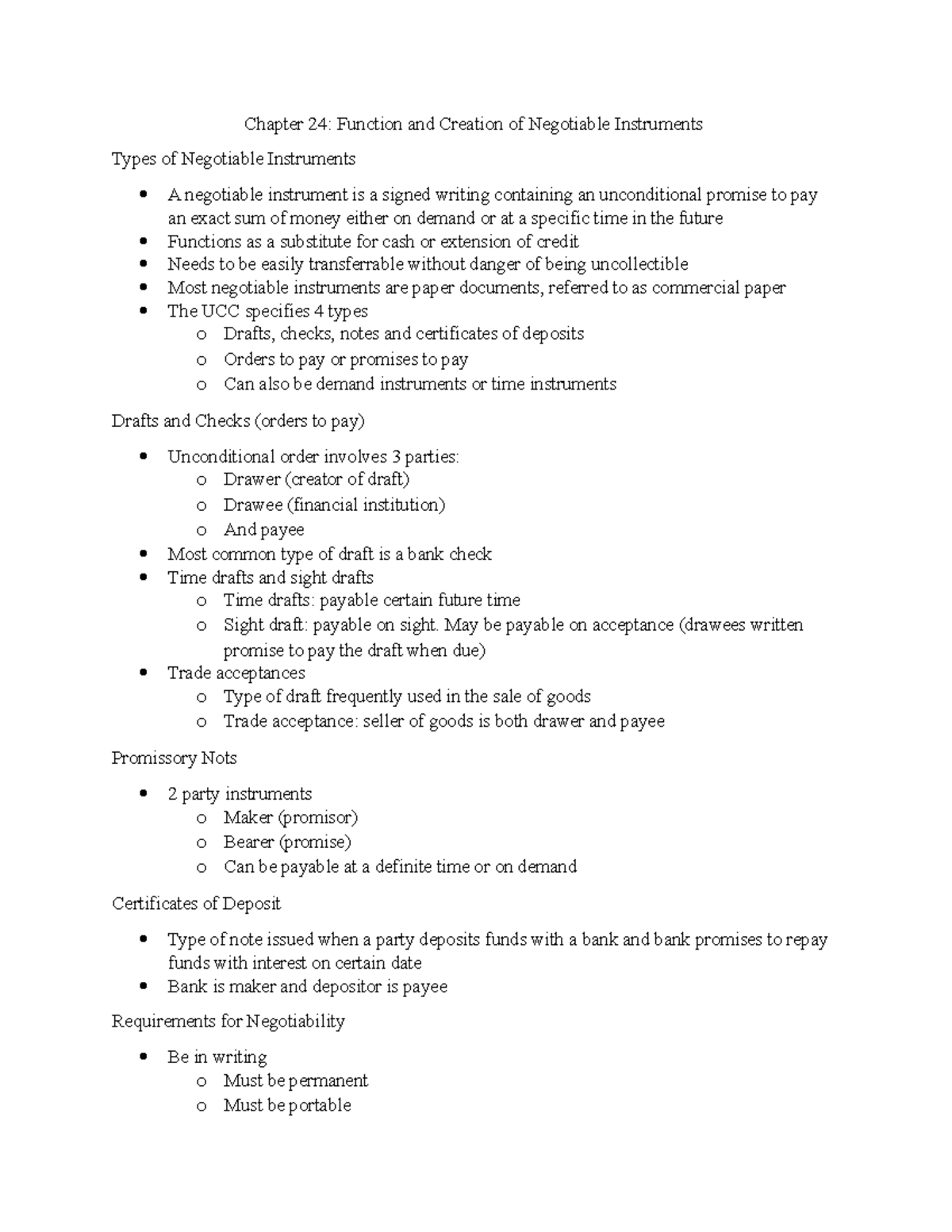 Chapter 24 Function And Creation Of Negotiable Instruments Buad Studocu