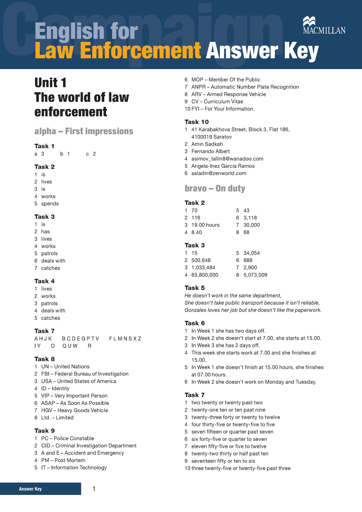 English for law enforcement Keys - Unit 1 The world of law enforcement  alpha – First - Studocu