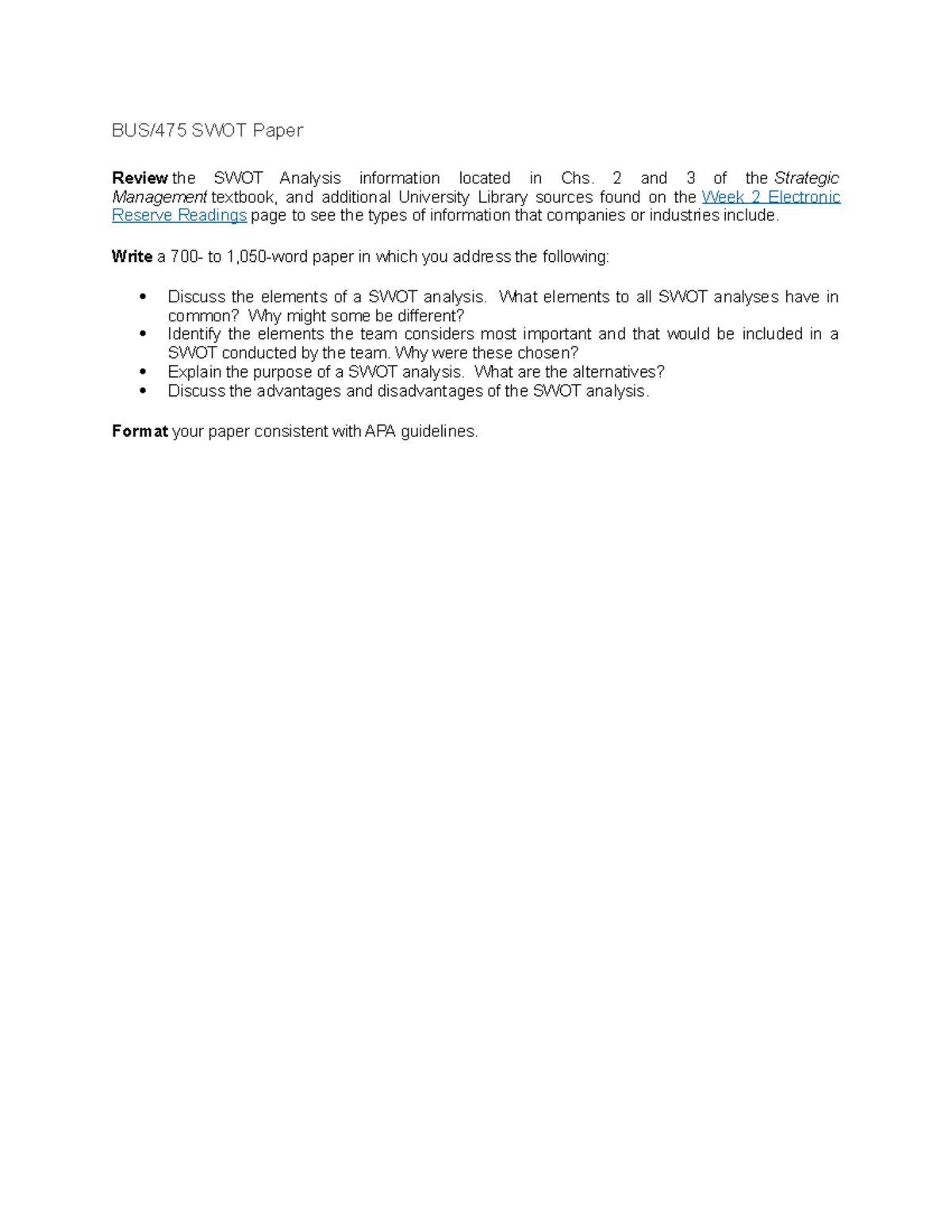 BUS 475 Week 2 SWOT Paper - BUS-390 - GCU - Studocu