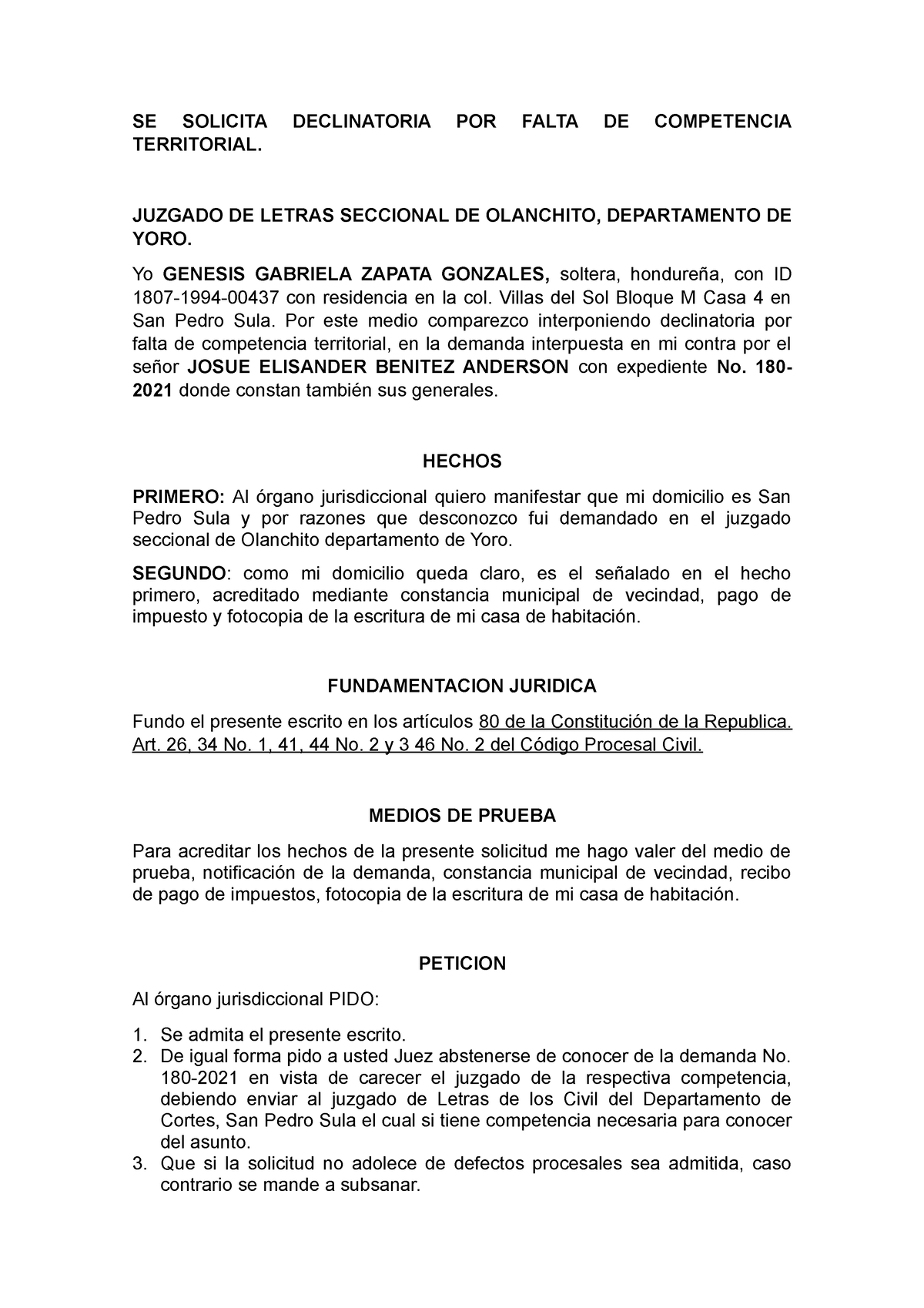 Solicitud DE Declinatoria en materia civil - SE SOLICITA DECLINATORIA POR  FALTA DE COMPETENCIA - Studocu